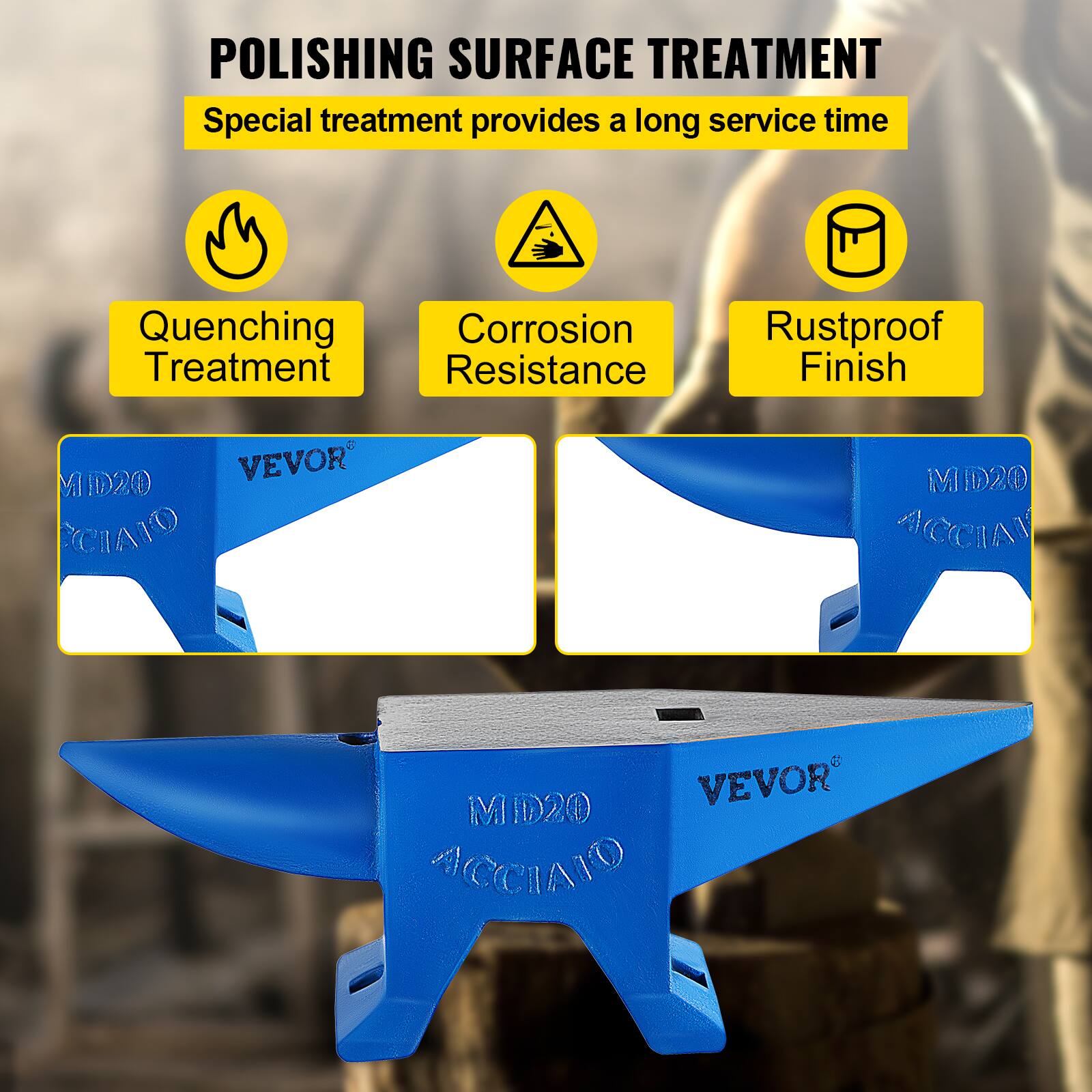 POLISHING SURFACE TREATMENT  
Special treatment provides a long service time

- Quenching Treatment
- Corrosion Resistance
- Rustproof Finish

VEVOR  
MD20  
ACCIAIO