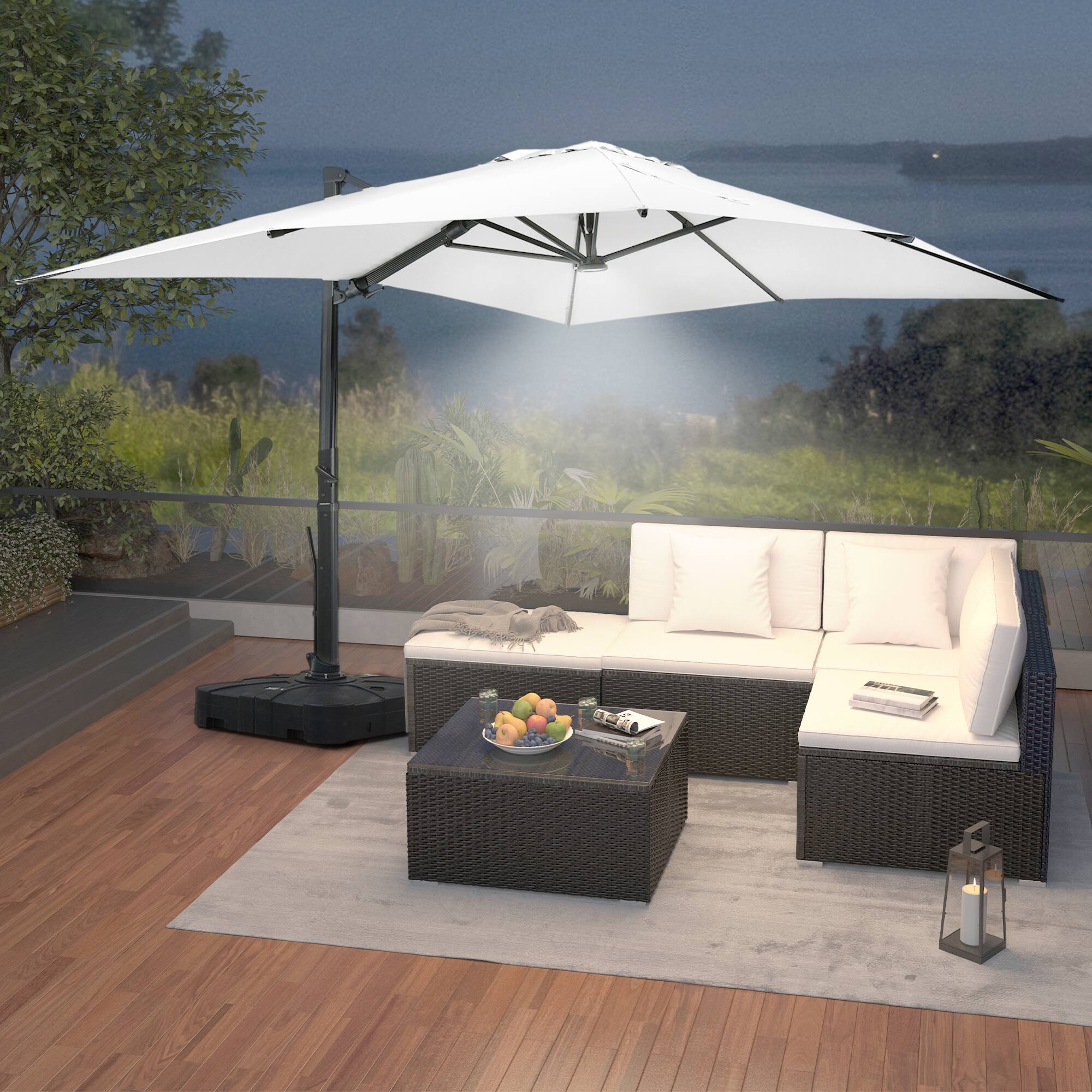 Left. Mondawe - 10*13ft Large Patio Cantilever Umbrella Square with LED Light Panel and Base - Grey.