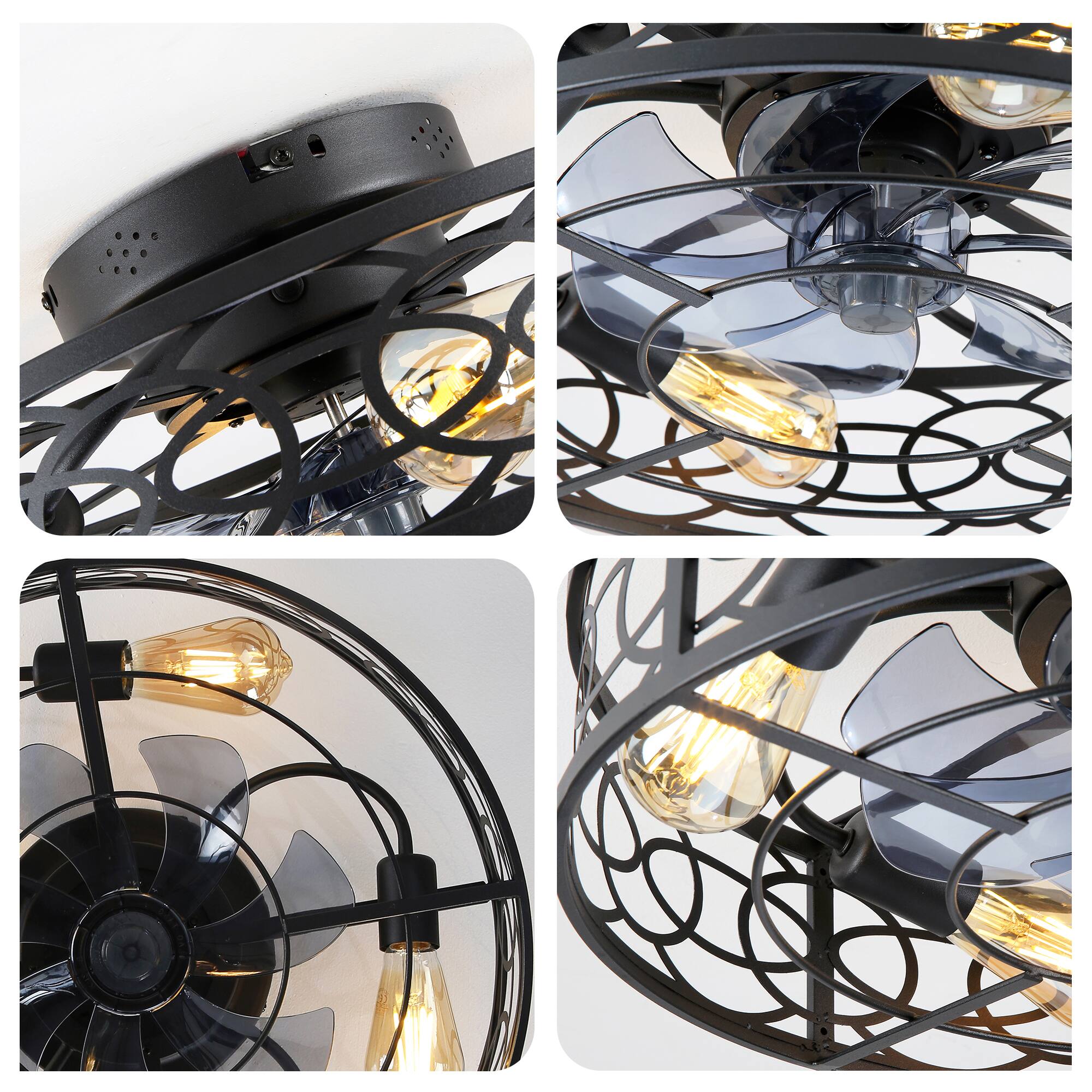 Alt View 5. Sofucor - Farmhouse Ceiling Fans w/ Light Remote Flush Mount Rustic Ceiling Fan Boho Bladeless Country Caged Ceiling Light Fixture - Matte Black 2.