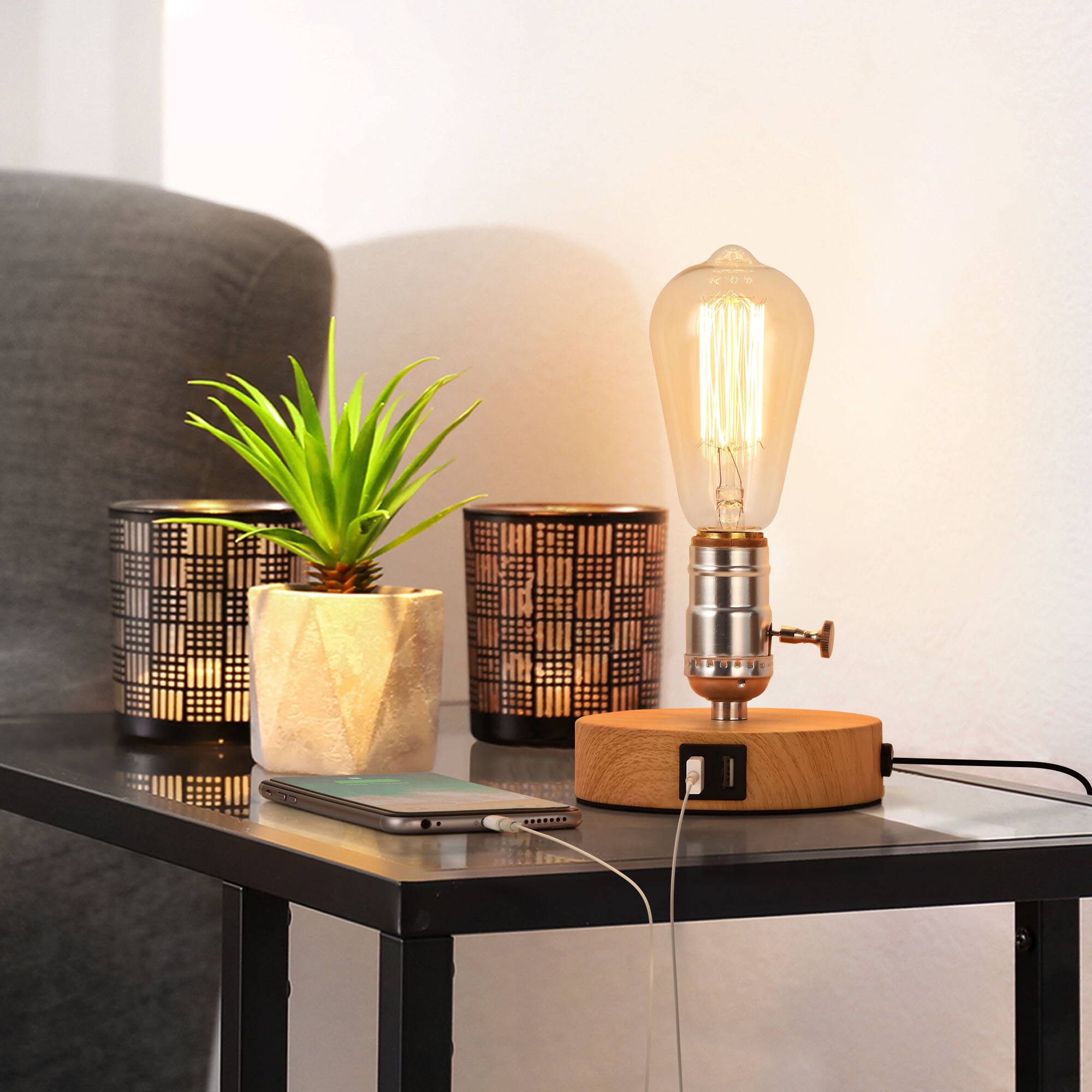 Alt View 1. Oumilen - Set of 2 Vintage Edison Table Lamps with USB Ports – Minimalist Wood Base Desk Lamps.
