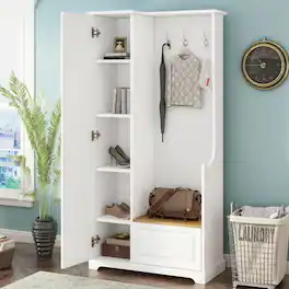 Loheer - Minimalist Hall Tree with Flip Up Bench and Adjustable Shelves - White