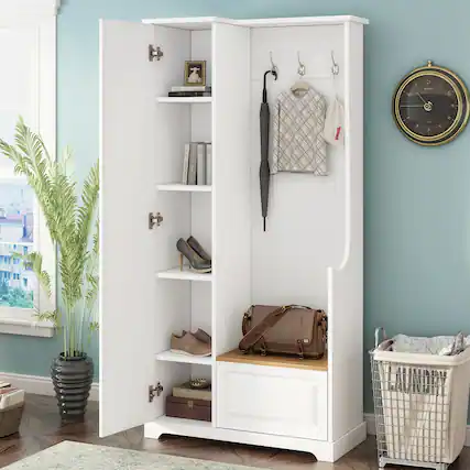 Front. Loheer - Loheer White Minimalist Hall Tree with Flip Up Bench and Adjustable Shelves - White.