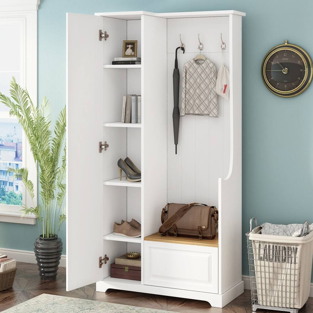 Front. Loheer - Loheer White Minimalist Hall Tree with Flip Up Bench and Adjustable Shelves - White.