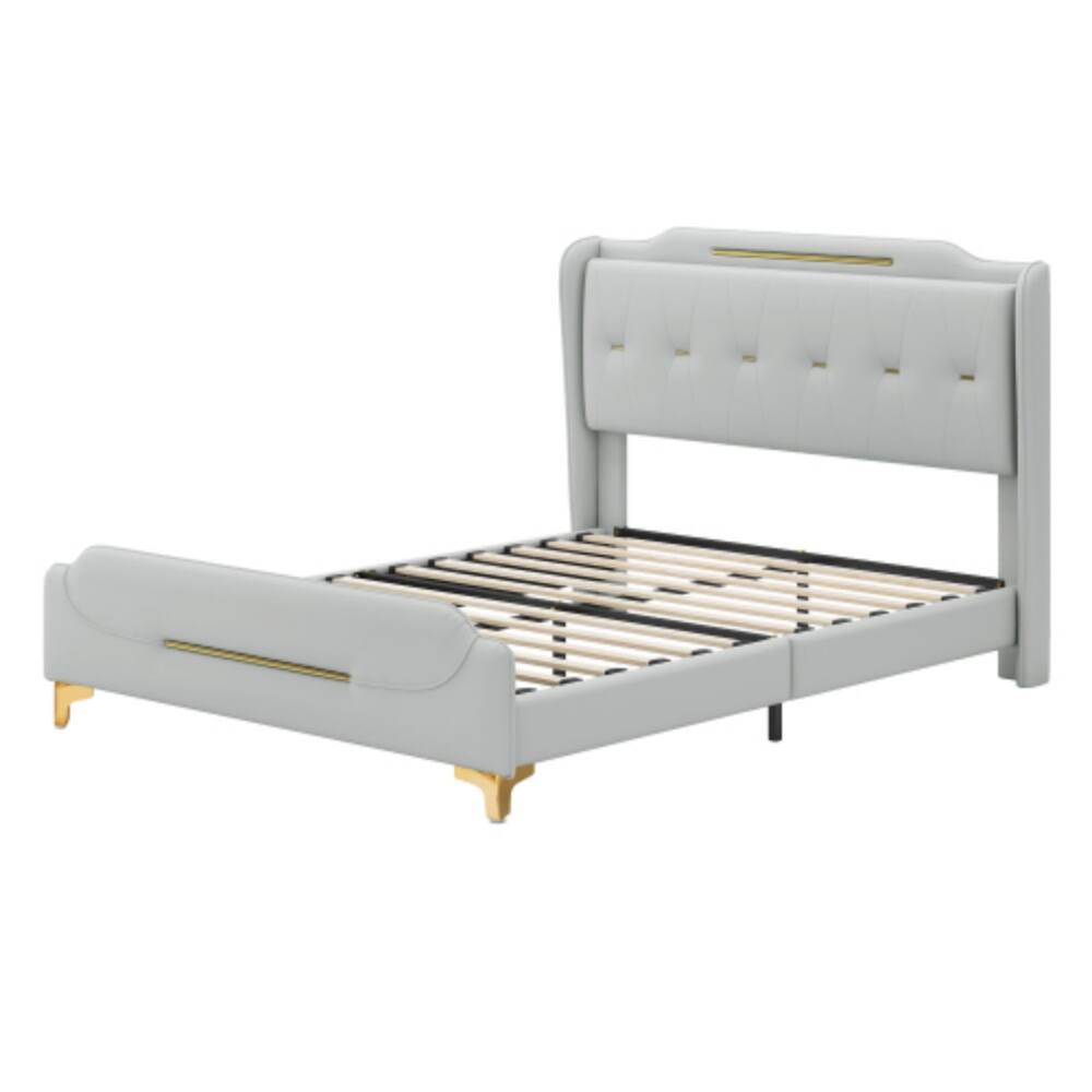 Alt View 2. LUCKY ONE - Queen Size PU Leather Platform Bed with Wingback Headboard - No Box Spring Needed - Grey.