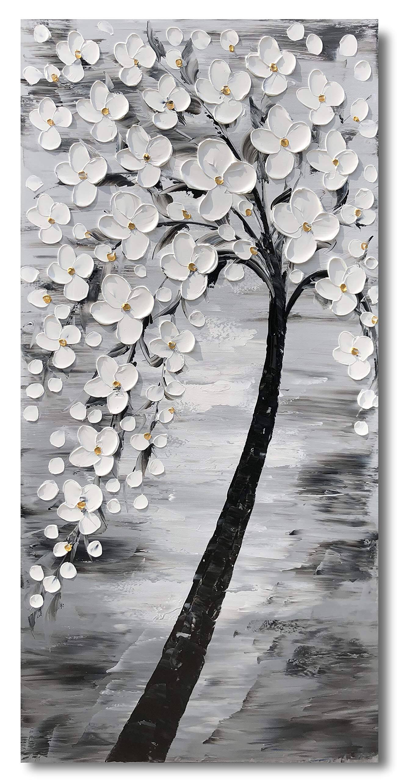 Alt View 1. Hirose Alice - Yihui Arts Hand-Painted Textured Blossom Tree Art on Canvas & Toned Floral Painting for Modern Home Decor - Vertical Flower Art 40"L x 20"W.