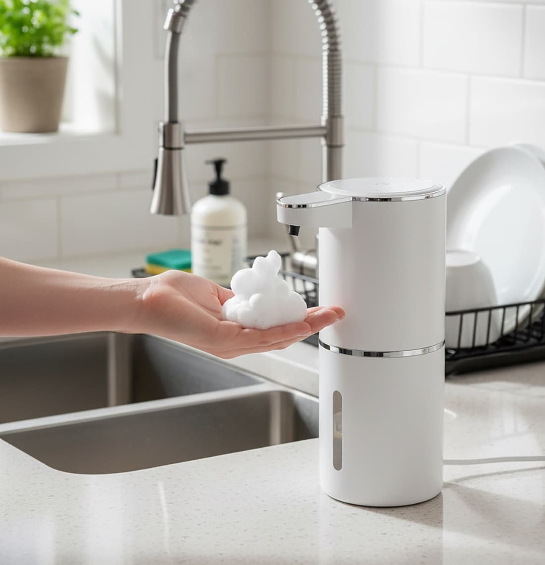 Alt View 4. FINEAK - 4-Level Adjustable Foaming Soap Dispenser - Wall Mount USB Rechargeable - Silver.