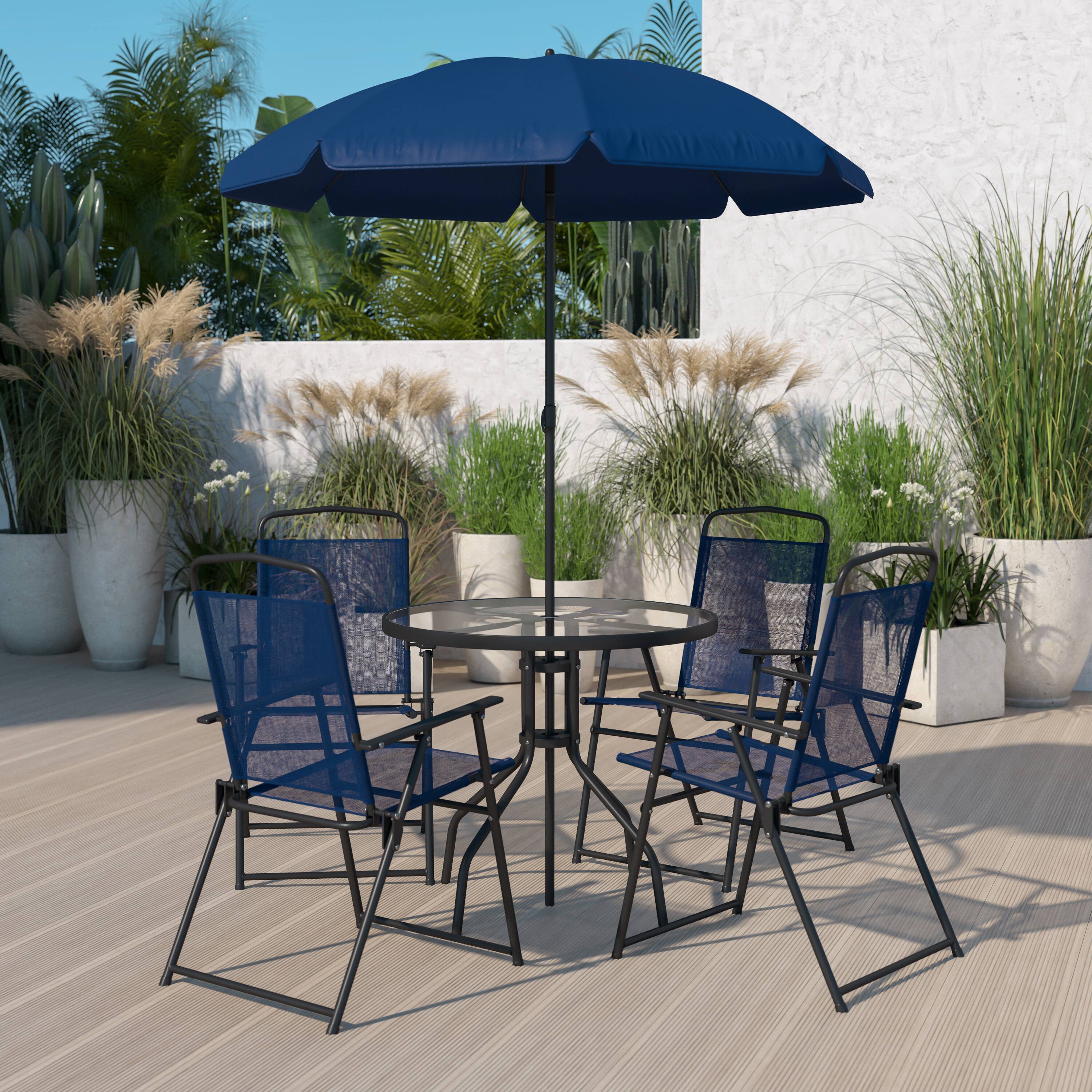 Emma + Oliver 6 Piece Patio Garden Set with Table, Umbrella and 4