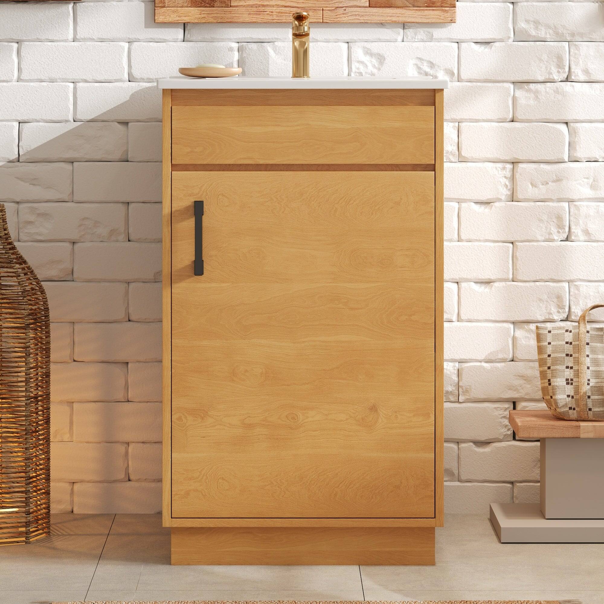 Alt View 1. Boyel Living - 20 Inch Farmhouse Style Bathroom Vanity with Ceramic Sink and Single Door Cabinet Natural Wood - Brown.