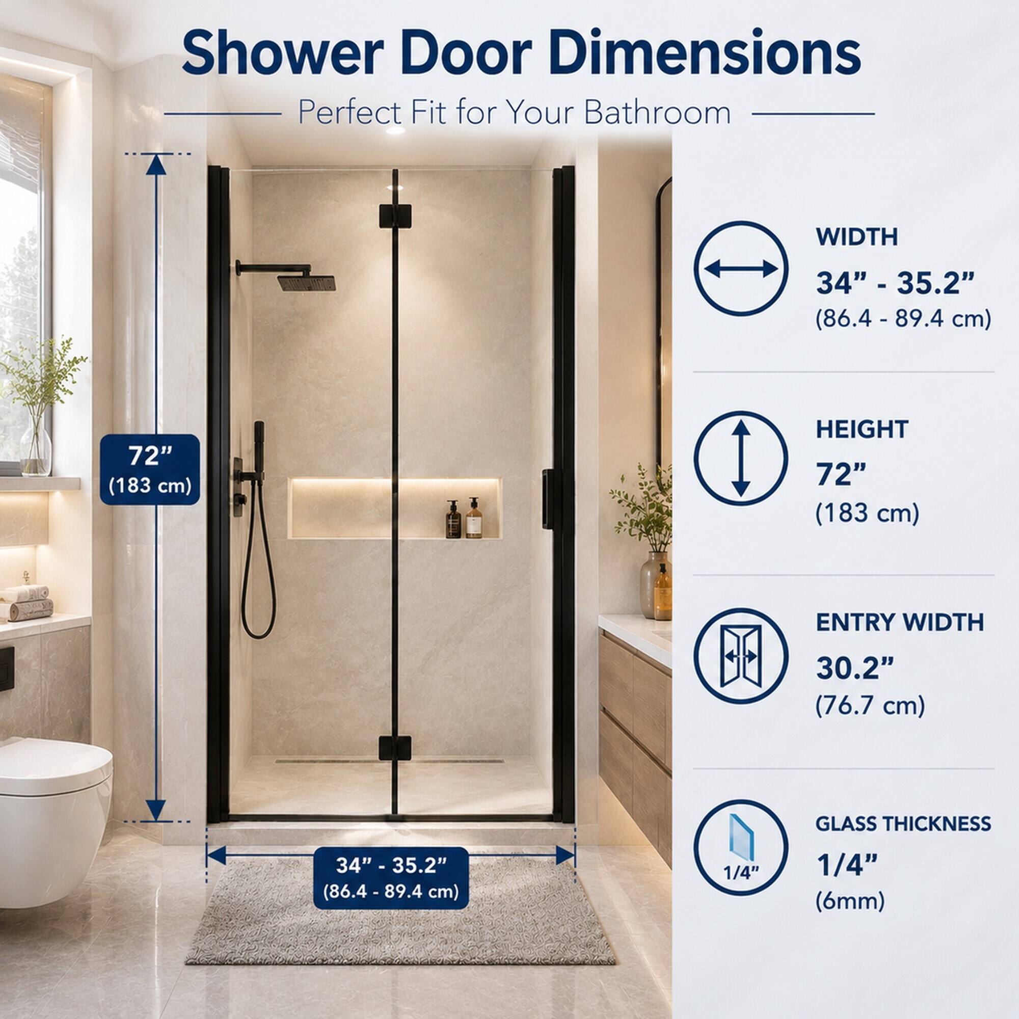Shower Door Dimensions Perfect Fit for Your Bathroom

WIDTH
34" - 35.2" (86.4 - 89.4 cm)

HEIGHT
72" (183 cm)

ENTRY WIDTH
30.2" (76.7 cm)

GLASS THICKNESS
1/4" (6mm)