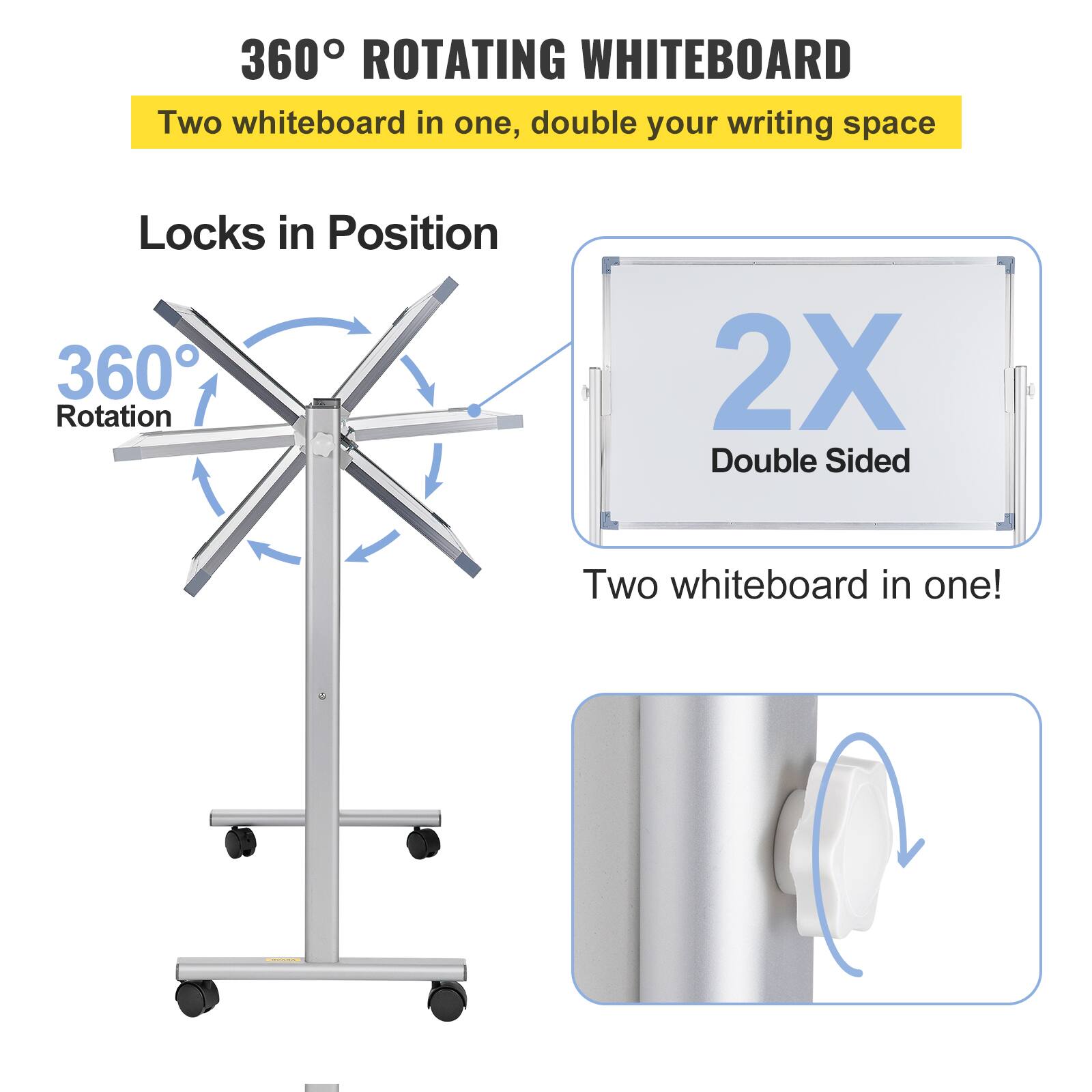 360° ROTATING WHITEBOARD
Two whiteboard in one, double your writing space
Locks in Position
360° Rotation
2X Double Sided
Two whiteboard in one!