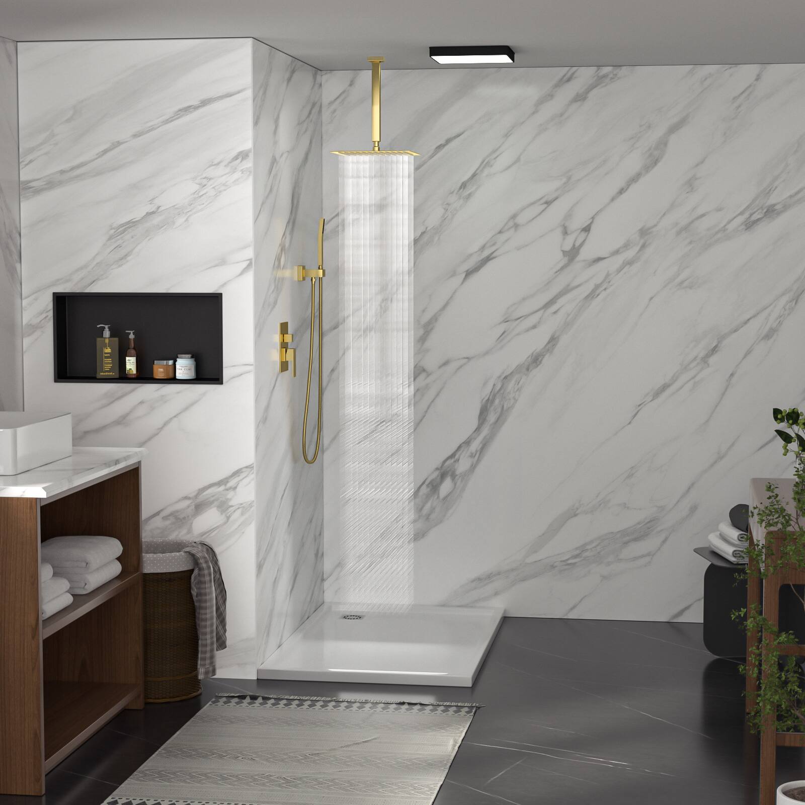 Angle. Lordear - Dual Shower Head - 10 Inch Ceiling Mount Square Shower System with Rough-in Valve,Gold - Gold.