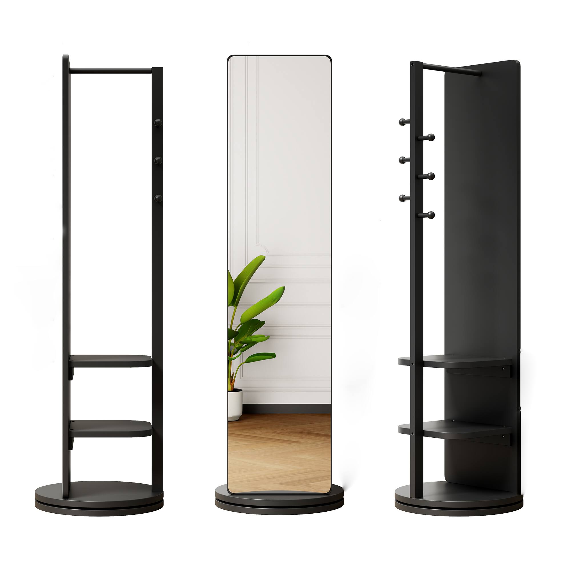 Front. Ecooso - 360° Rotating Full Length Mirror with Storage Hooks and Rack, Space Saving Standing Organizer for Bedroom or Living Room - Black.