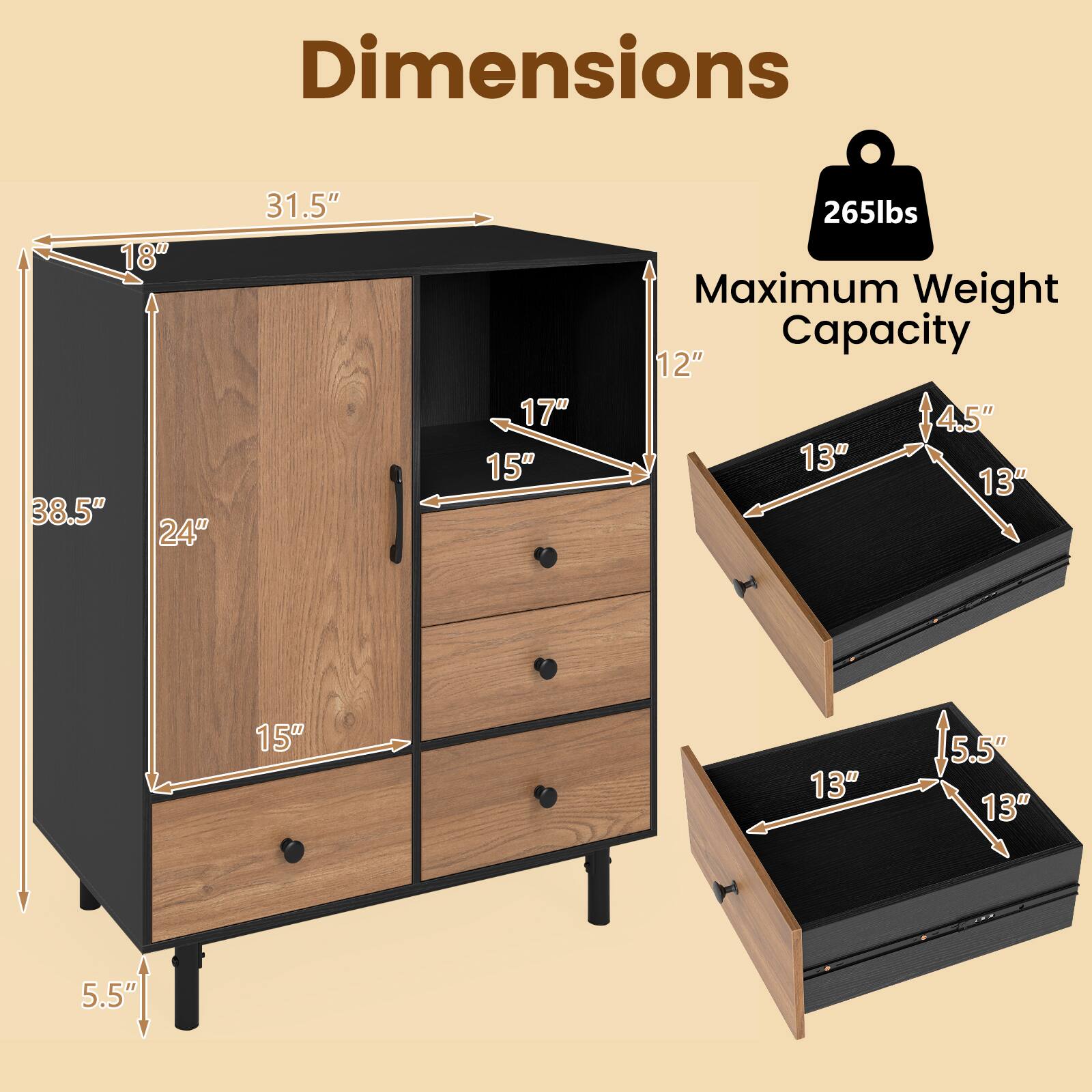Dimensions:
- Height: 31.5"
- Width: 38.5"
- Depth: 18"
- Drawer 1: 15" (height) x 12" (width) x 5.5" (depth)
- Drawer 2: 15" (height) x 13" (width) x 5.5" (depth)
- Drawer 3: 13" (height) x 13" (width) x 5.5" (depth)

Maximum Weight Capacity: 265 lbs
