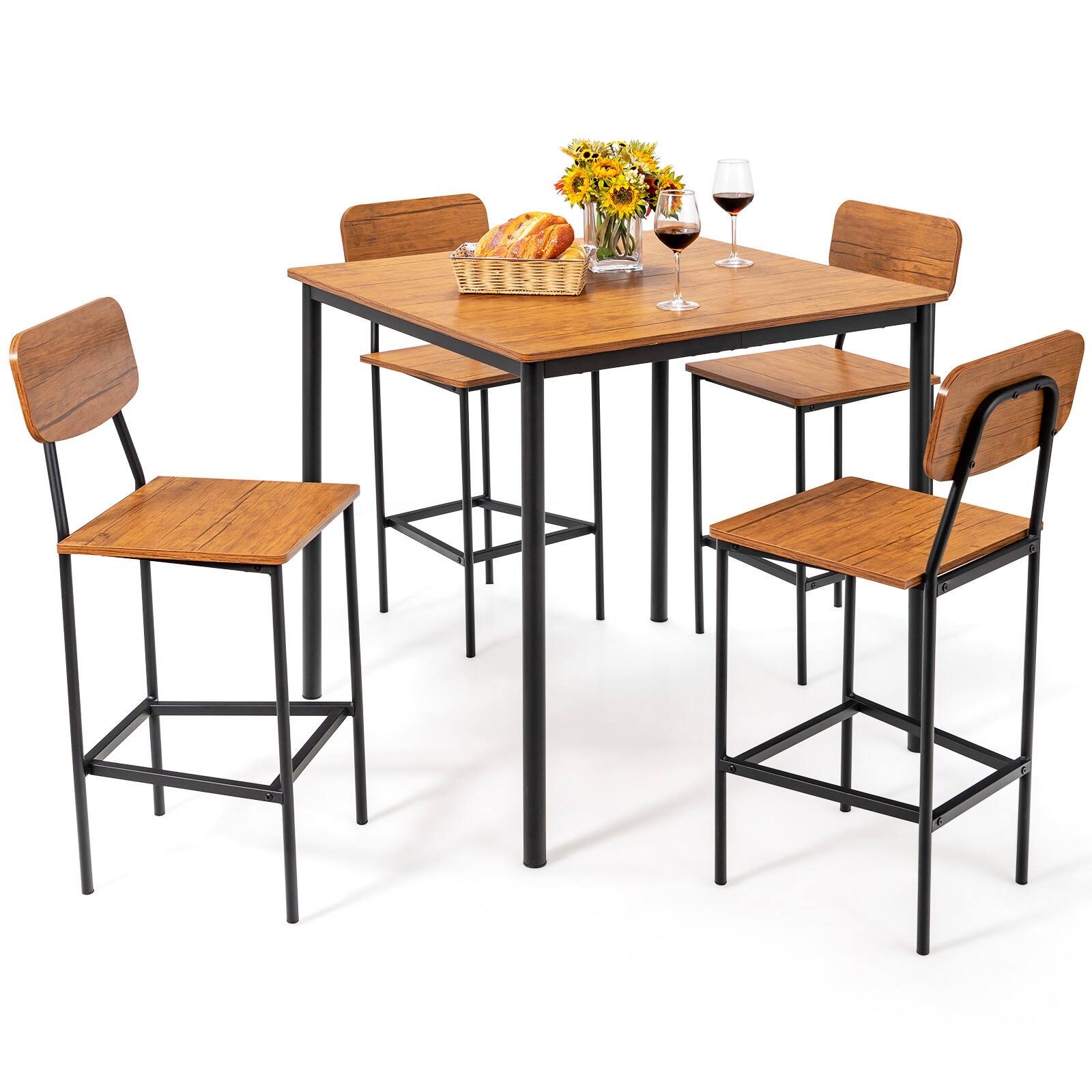 Front. Ecooso - Industrial 5 Piece Dining Table Set with Counter Height Table and 4 Bar Stools - Brown.