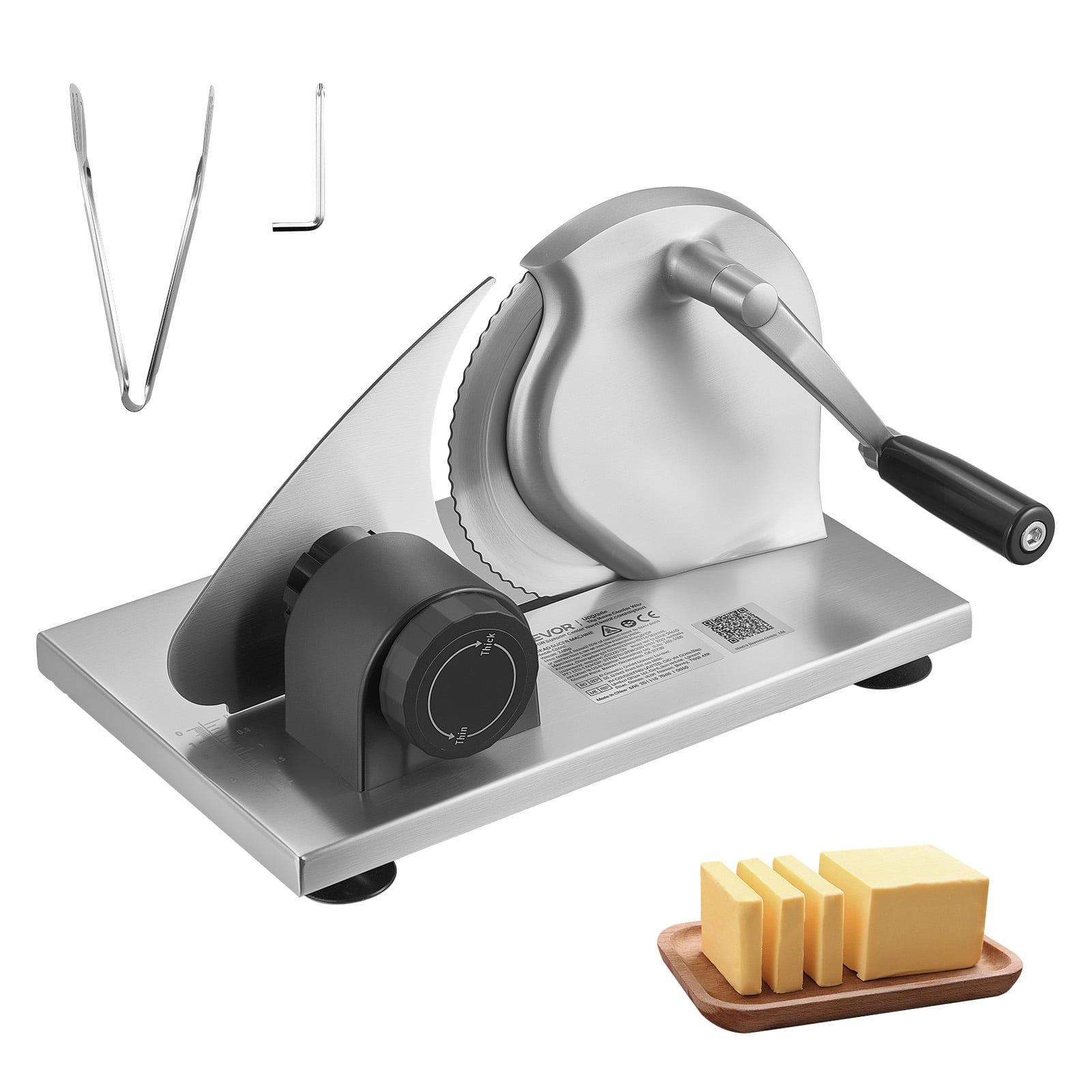 VEVOR - Manual Bread Slicer, 0-0.6" Adjustable Thickness Cheese Cutter, Hand Cranked Slicer for Homemade Bread - Silver