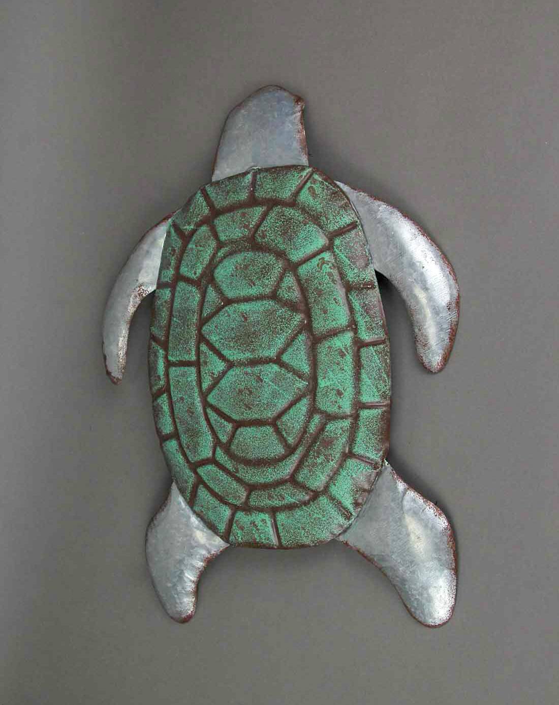 Alt View 1. Zeckos - Galvanized Zinc Finish Metal Sea Turtle Wall Hanging With Painted Shell - Green.