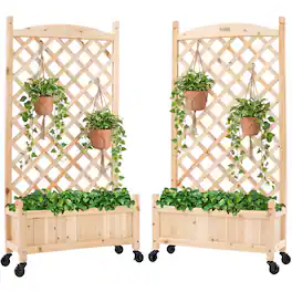 Best Choice Products - Set of 2 48in Wood Planter Box & Diamond Lattice Trellis, w/ Drainage, Optional Wheels - Natural