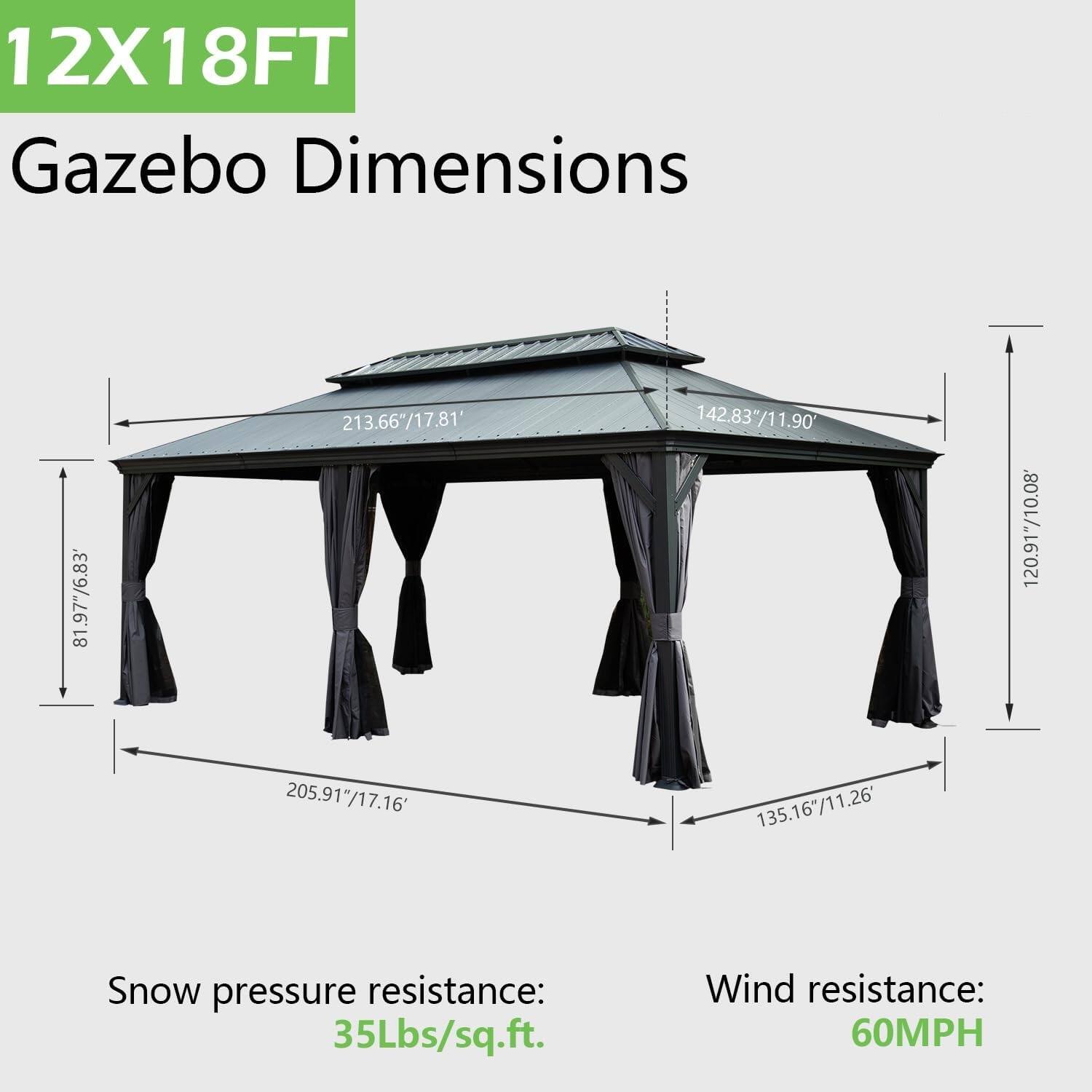 12X18FT Gazebo Dimensions

- 81.97"/6.83'
- 213.66"/17.81"
- 142.83"/11.90"
- 120.91"/10.08"
- 205.91"/17.16"
- 135.16"/11.26"

Snow pressure resistance: 35Lbs/sq.ft.

Wind resistance: 60MPH