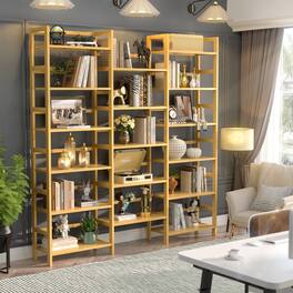 Aheaplus - Bamboo Triple Wide Bookshelf, 6-Tier Bookshelf with17 Open Shelves - Nature