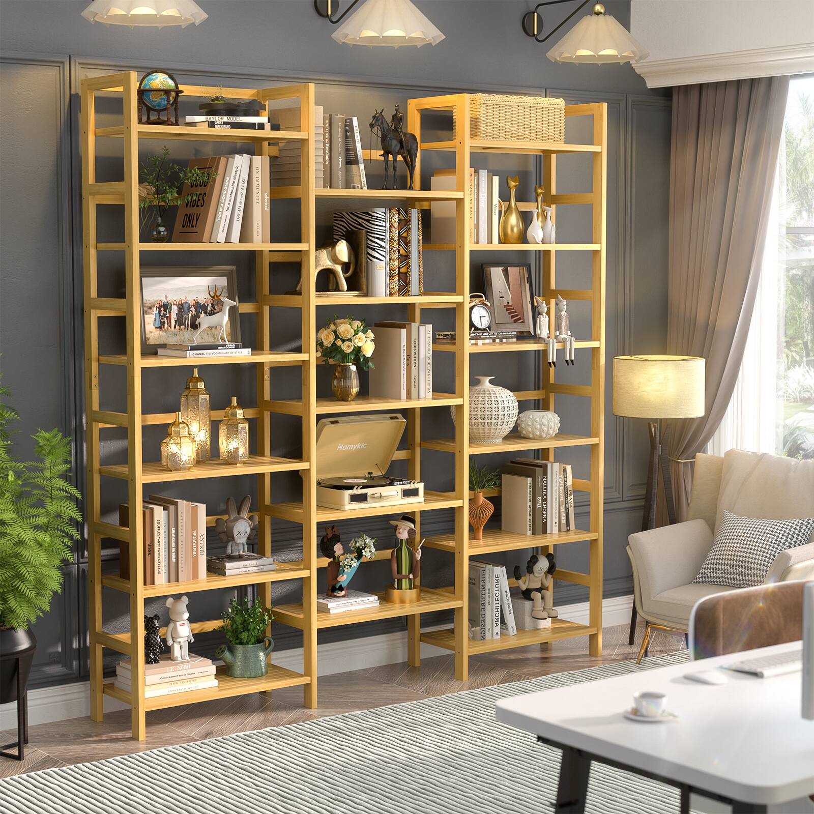 Aheaplus - Bamboo Triple Wide Bookshelf, 6-Tier Bookshelf with17 Open Shelves - Nature