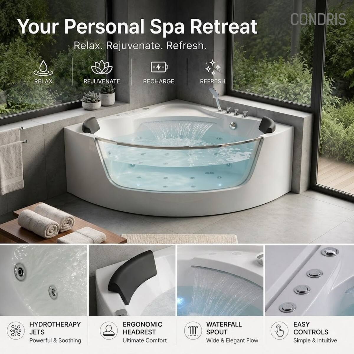 CONDRISS Your Personal Spa Retreat Relax. Rejuvenate. Refresh.

RELAX
REJUVENATE
RECHARGE
REFRESH

HYDROTHERAPY JETS Powerful & Soothing
ERGONOMIC HEADREST Ultimate Comfort
WATERFALL SPOUT Wide & Elegant Flow
EASY CONTROLS Simple & Intuitive