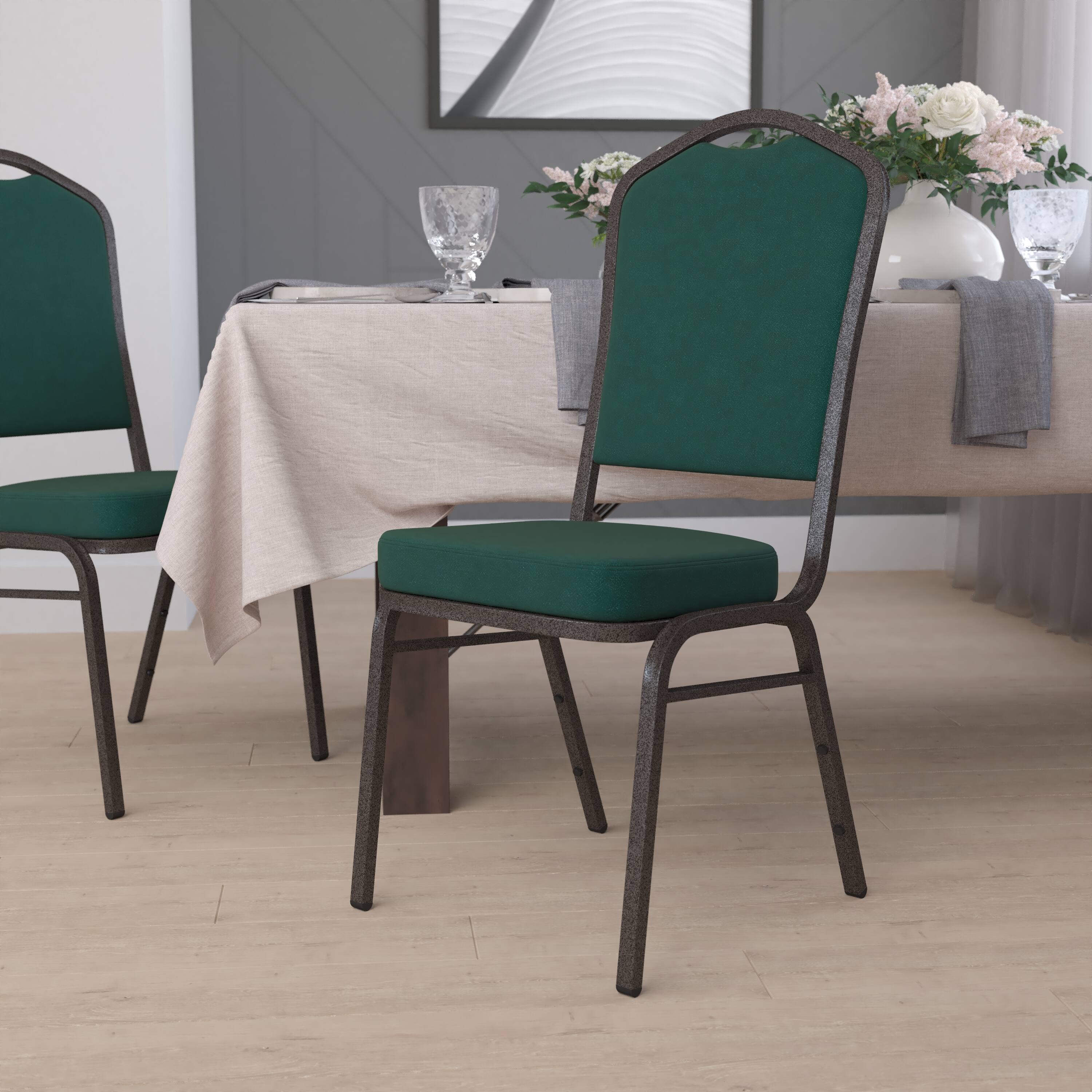 Alt View 1. Emma + Oliver - Crown Back Stacking Banquet Dining Chair - Green Fabric/Gold Vein Frame.