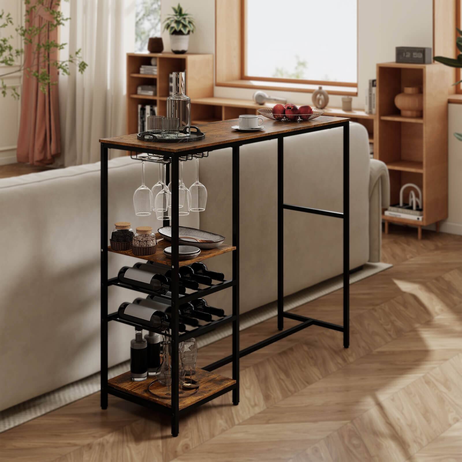 Alt View 1. Costway - Costway 48" Long Bar Table with Storage Shelves Wine Racks & Stemware Holders for Kitchen - Brown.