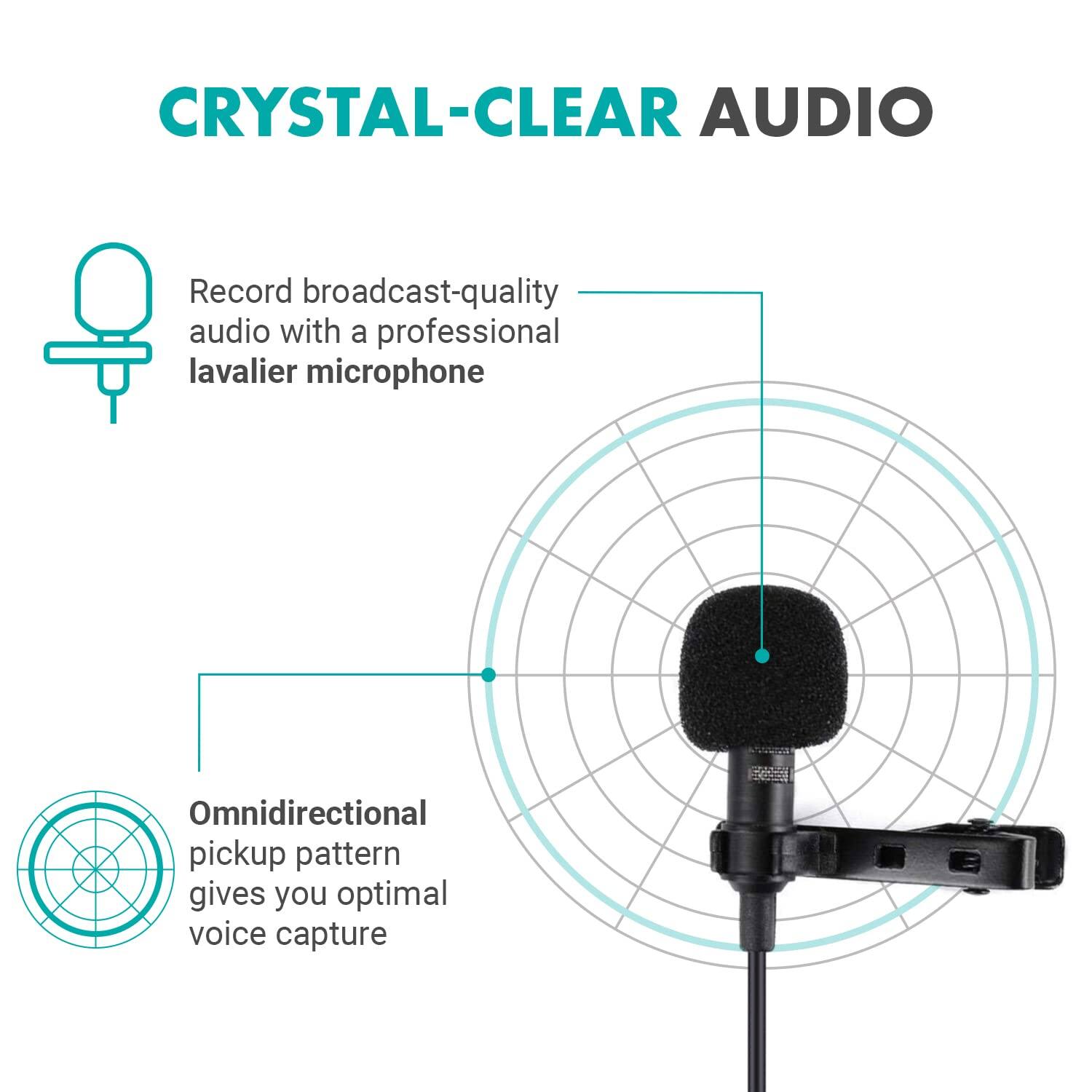 **CRYSTAL-CLEAR AUDIO**

- Record broadcast-quality audio with a professional lavalier microphone
- Omnidirectional pickup pattern gives you optimal voice capture