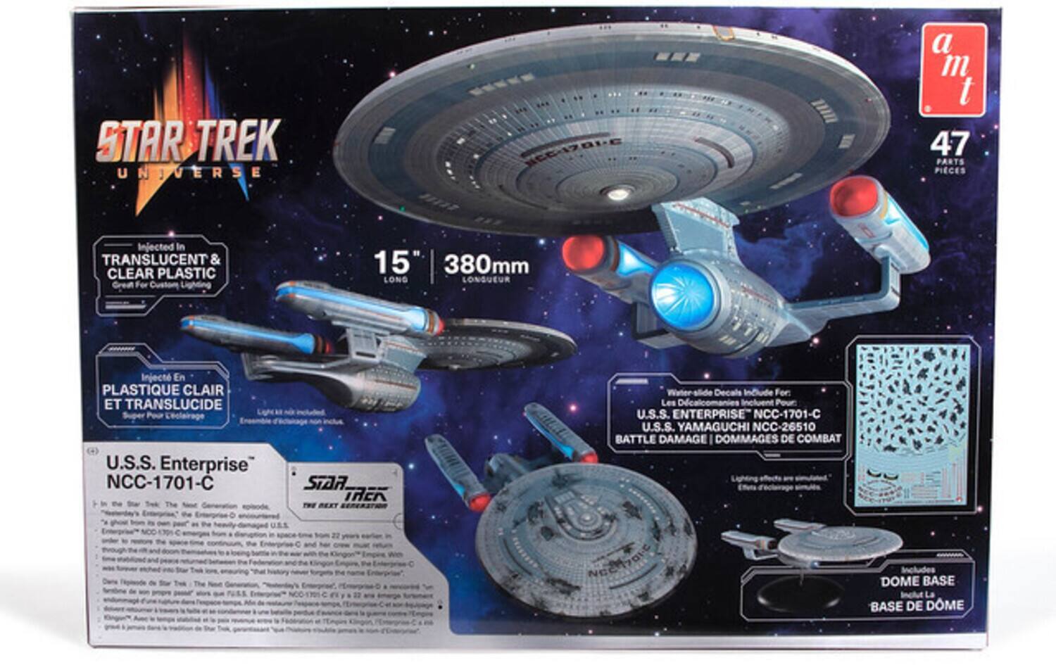 STAR TREK UNIVERSE  
CEZaLE a m t 47 PARTS PIECES Injected In TRANSLUCENT & CLEAR PLASTIC Great For Custom 15 380mm LONG LONGUEUR Inject En PLASTIQUE CLAIR ET TRANSLUCIDE Pear U.S.S. Enterprise NCC-1701-C in The included STAR IRcn THE BEXT EERERSTIR Weter-slide Decals Include For Les Decalicomanies Incluent Pour: U.S.S. ENTERPRISE NCC-1701-C U.S.S. YAMAGUCHI NCC-26510 BATTLE DAMAGE I DOMMAGES DE COMBAT " 22 NECMVOre Includes DOME BASE Inclut La BASE DE DOME