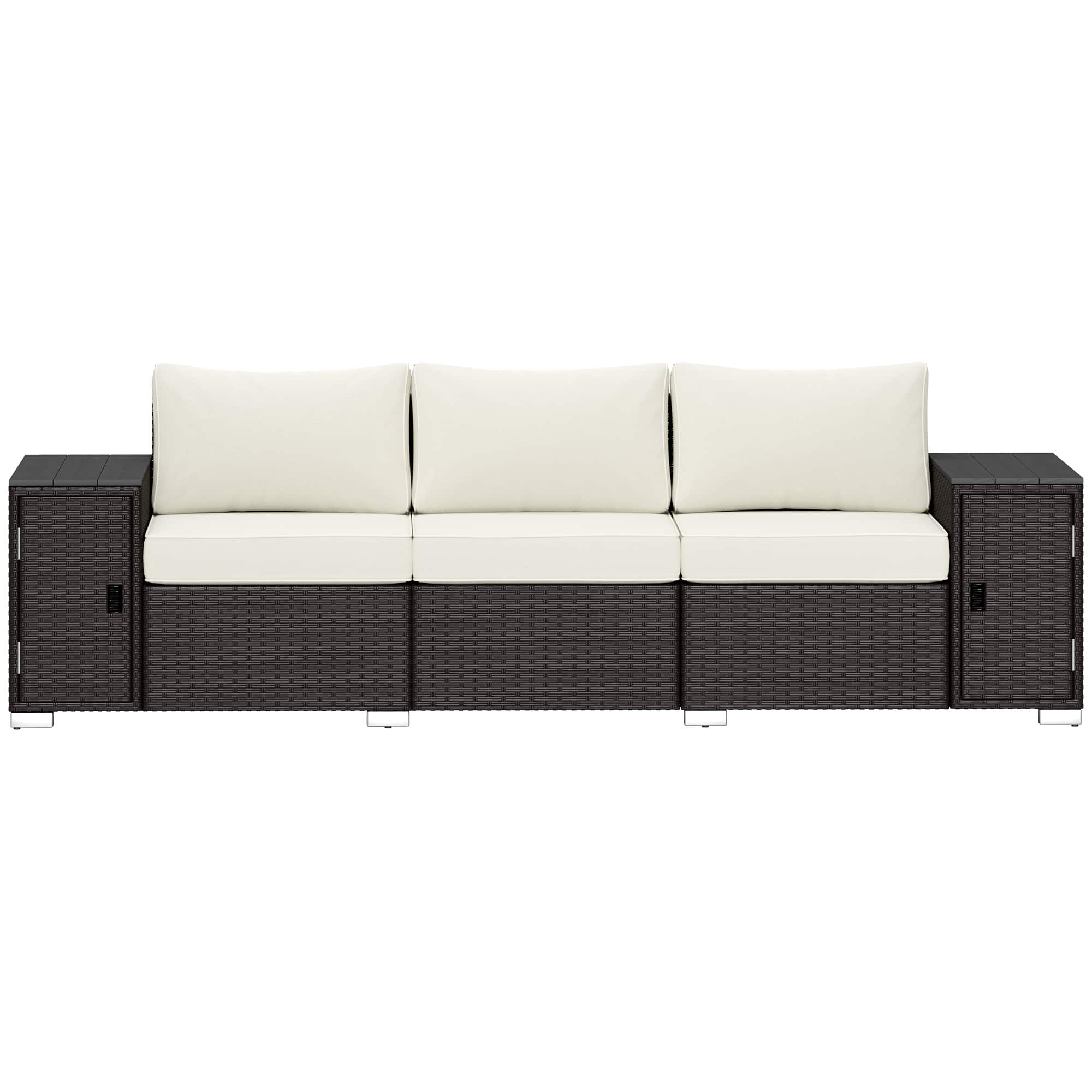 Outsunny - Seater Wicker Outdoor Couch Patio Sofa with Storage, Thickened Cushions and Wide Armrests for Porch Yard - Cream White/Brown