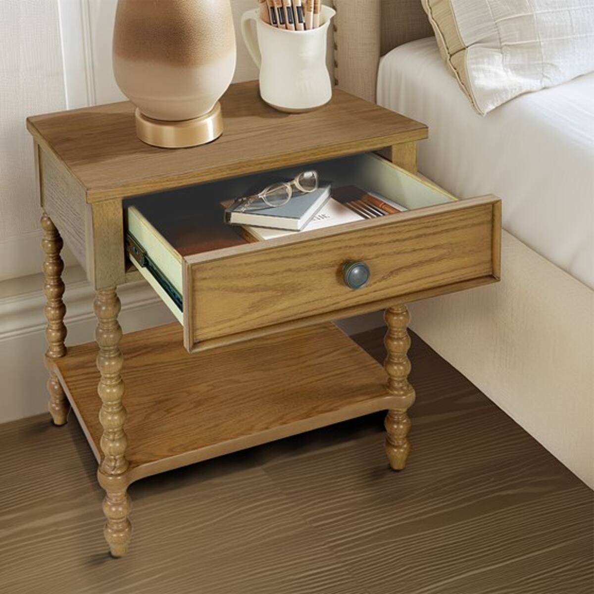 Loheer Wood Nightstand with Two Drawers, Open Shelf and Camel Oak ...