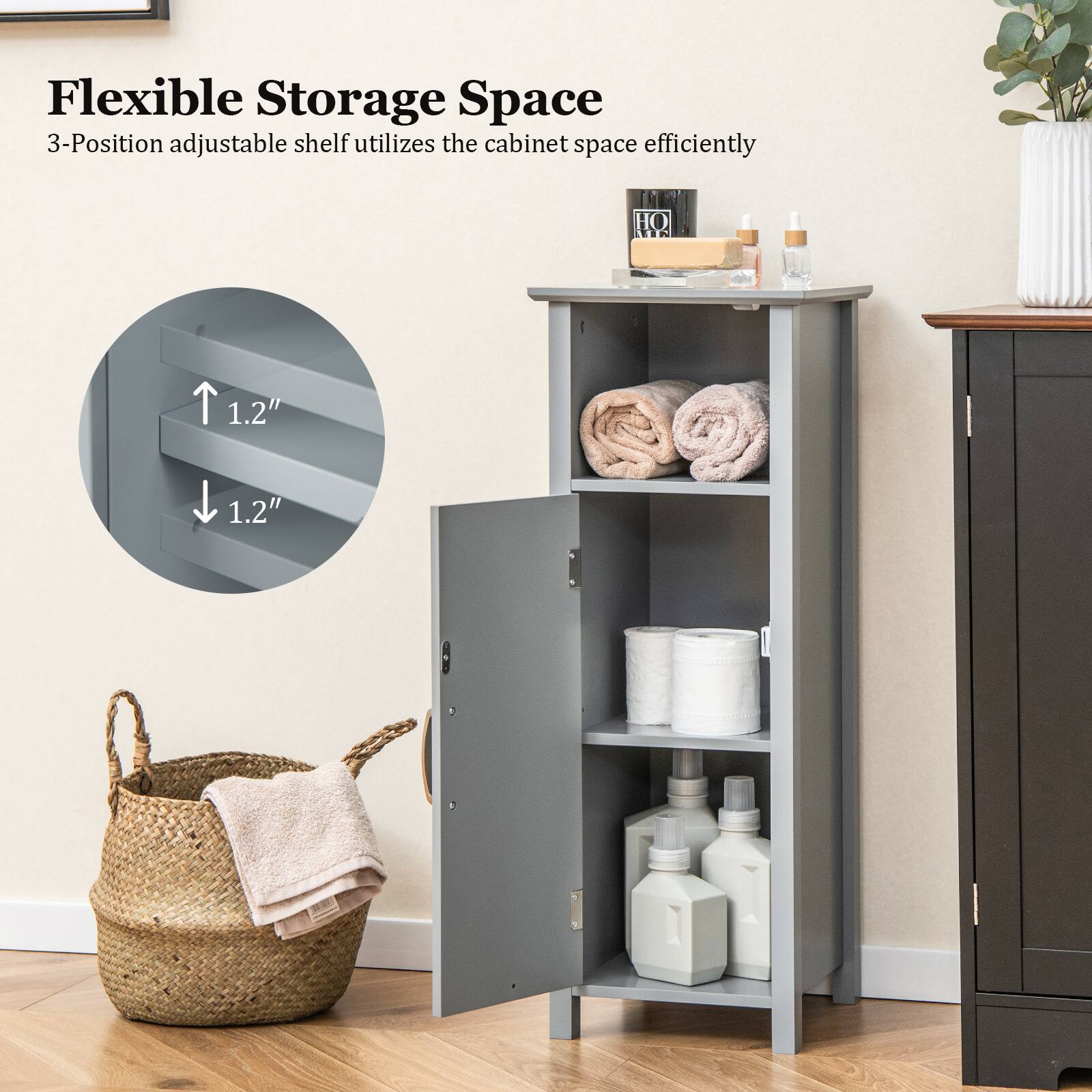 Flexible Storage Space 3-Position adjustable shelf utilizes the cabinet space efficiently 1.2" 1.2"