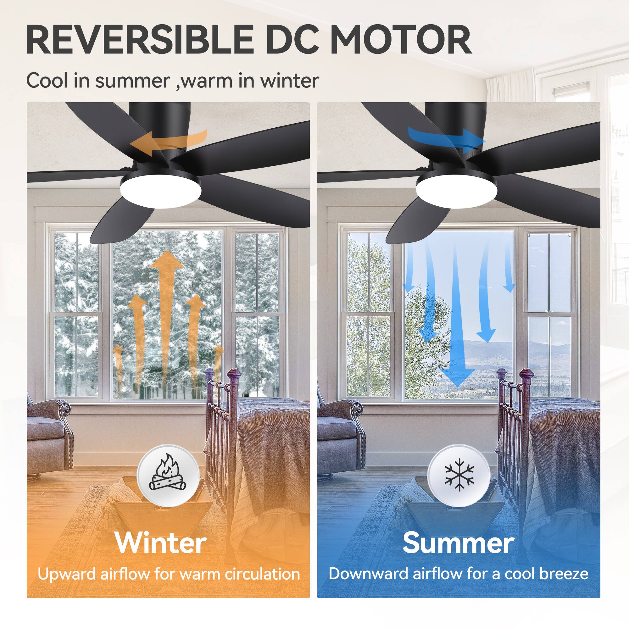 REVERSIBLE DC MOTOR  
Cool in summer, warm in winter  

Winter  
Upward airflow for warm circulation  

Summer  
Downward airflow for a cool breeze