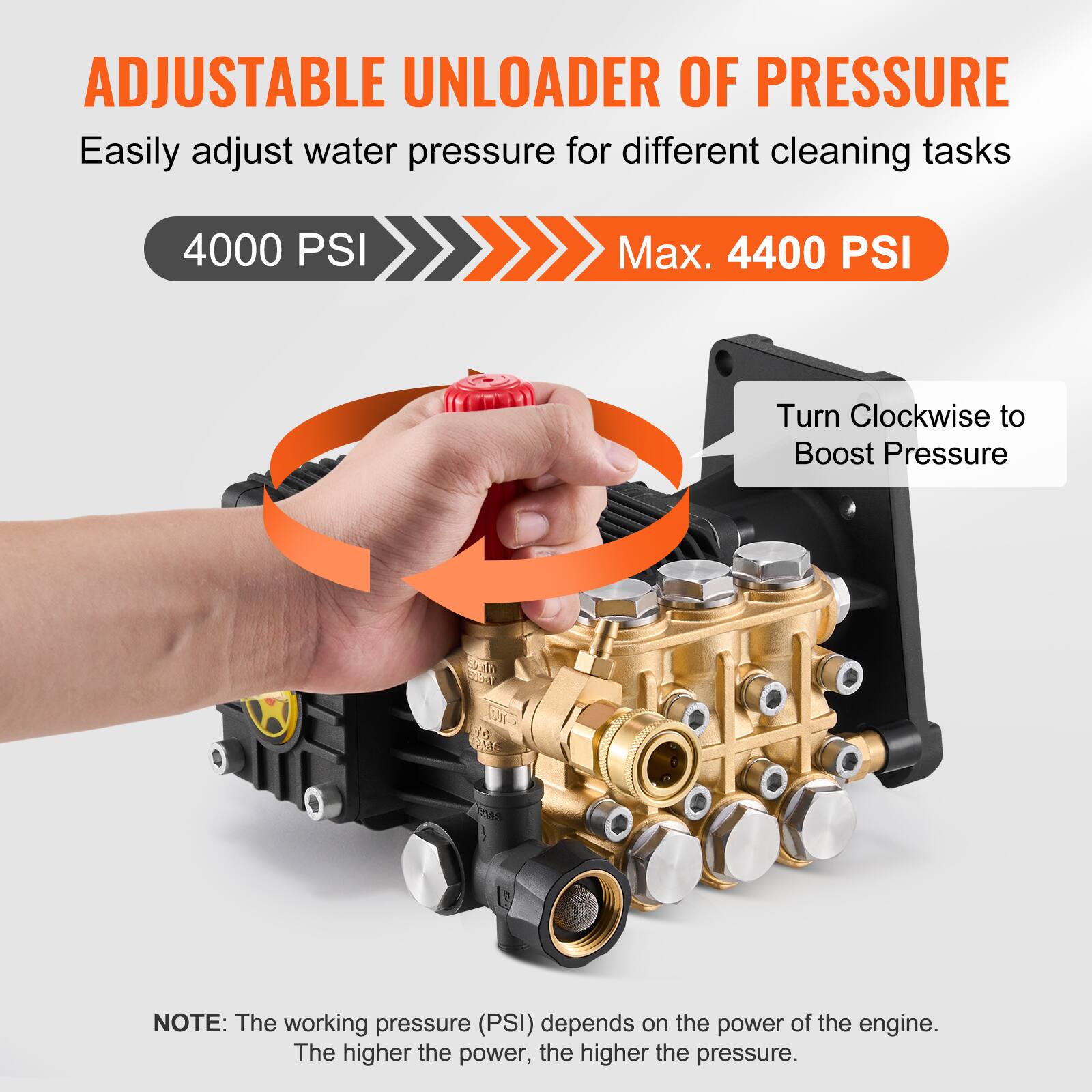 ADJUSTABLE UNLOADER OF PRESSURE  
Easily adjust water pressure for different cleaning tasks  

4000 PSI  
Max. 4400 PSI  

Turn Clockwise to Boost Pressure  

NOTE: The working pressure (PSI) depends on the power of the engine. The higher the power, the higher the pressure.