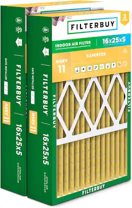 Filterbuy - 16x25x5 MERV 11 Pet & Allergy Defense, Pleated HVAC AC Furnace Air Filters Replacement for Honeywell & Lennox (2-Pack) - Gold