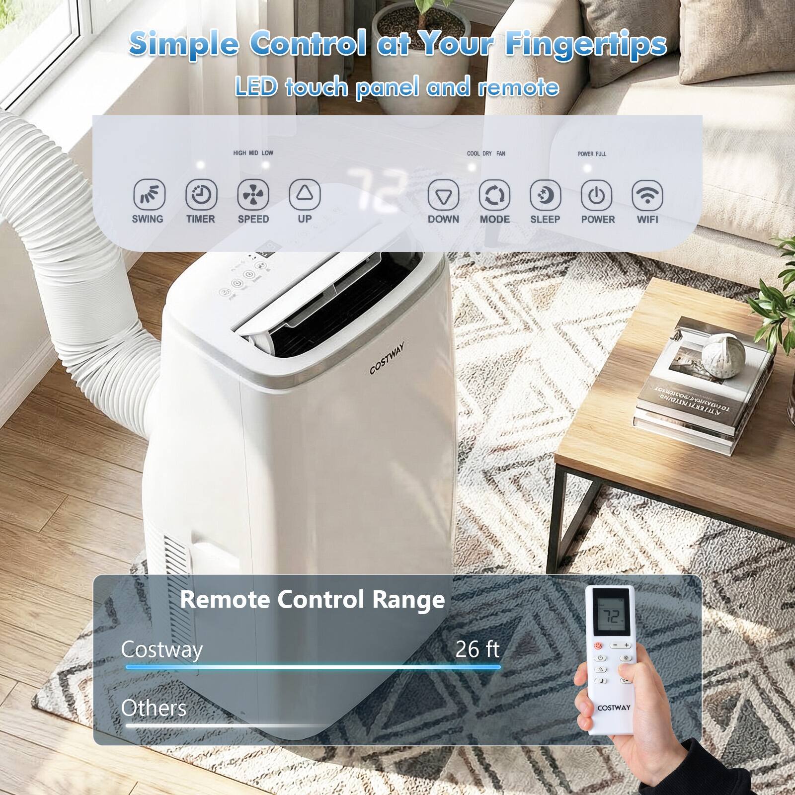 Simple Control at Your Fingertips  
LED touch panel and remote

Remote Control Range  
Costway: 26 ft  
Others: -