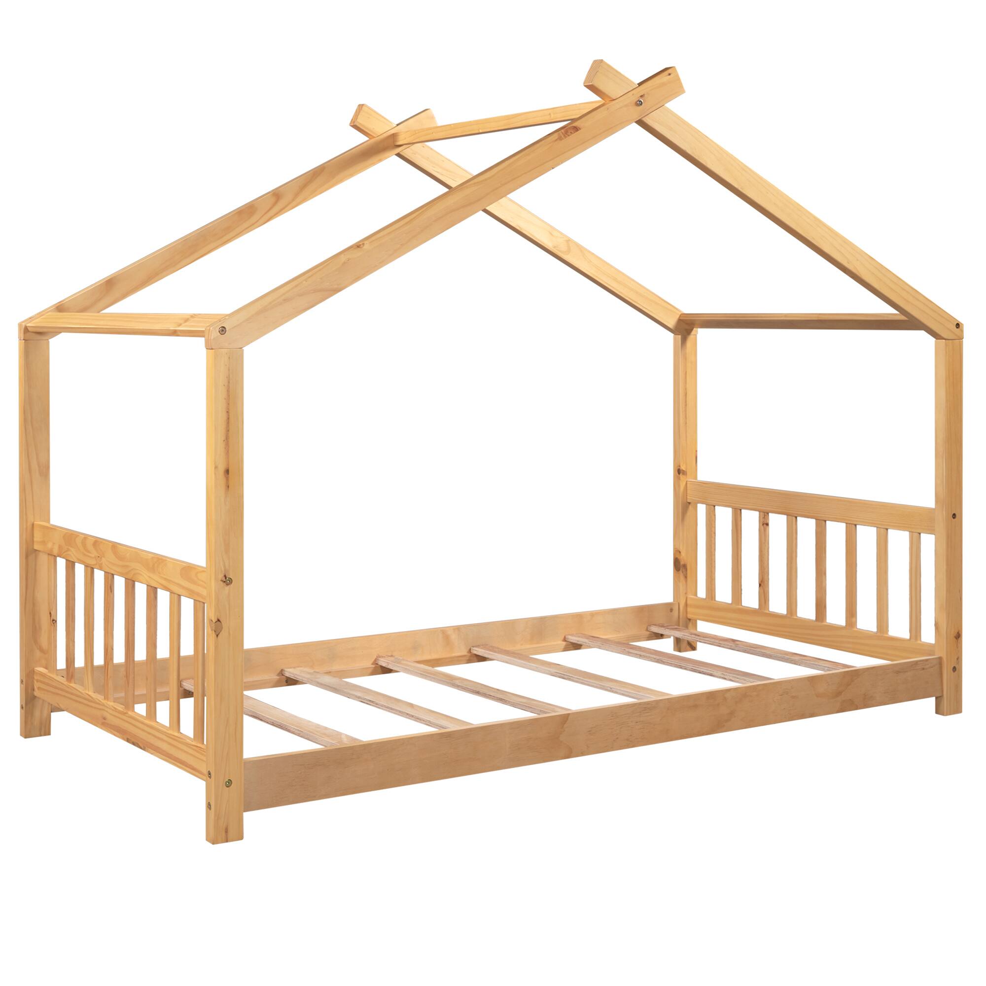 Angle. Spaco - Spaco Twin House Bed with Roof Headboard, Low Platform Design, Solid Pine Wood Frame and Easy Assembly for Kids Room - Natural.