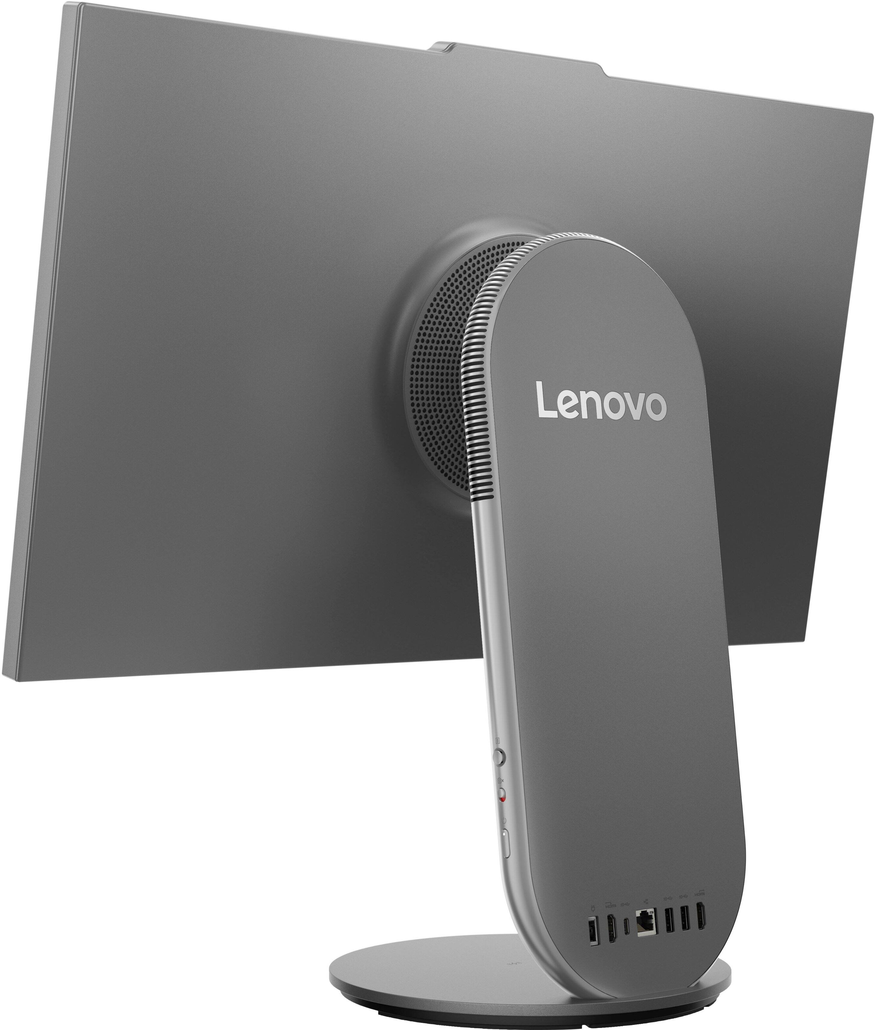 Lenovo is a technology company that manufactures and sells computers, laptops, and other electronic devices. The image features a Lenovo computer monitor, which is a type of display device used for viewing digital content on a computer. The monitor is mounted on a stand, which is designed to elevate the screen and provide better ergonomics for the user. The stand also has a built-in fan to help cool the monitor and maintain optimal performance.