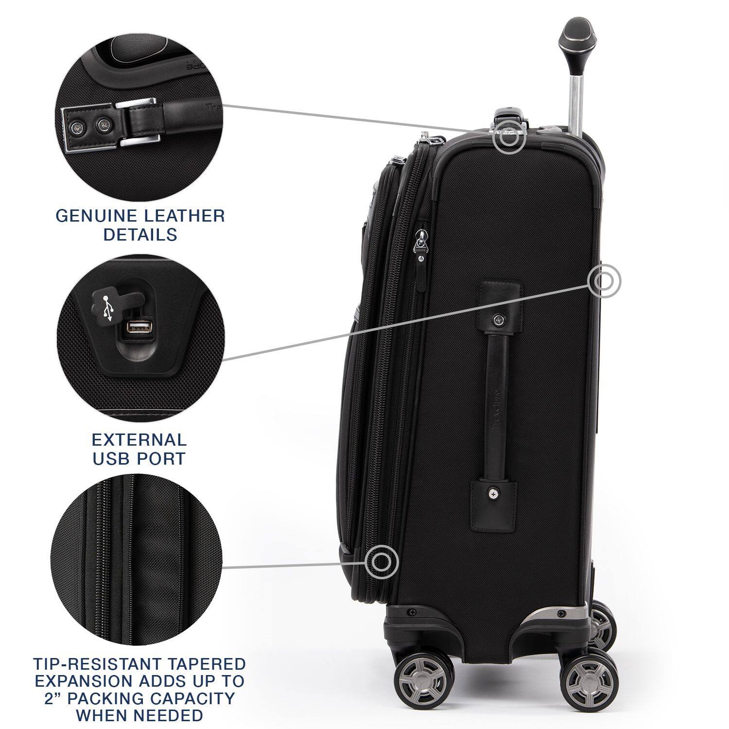 - Genuine Leather Details
- External USB Port
- Tip-Resistant Tapered Expansion Adds Up to 2" Packing Capacity When Needed