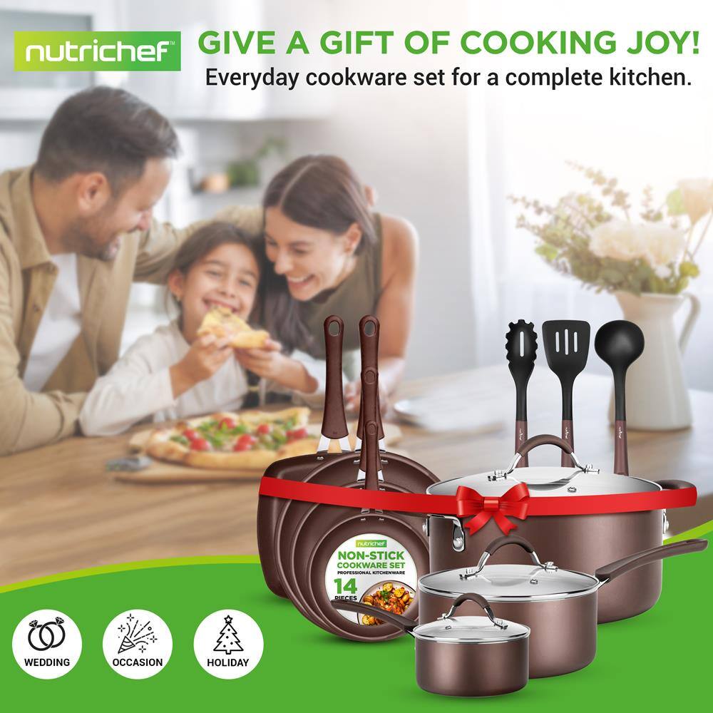 nutrichef  
GIVE A GIFT OF COOKING JOY!  
Everyday cookware set for a complete kitchen.  

NON-STICK COOKWARE SET  
14 PIECES  

WEDDING  
OCCASION  
HOLIDAY
