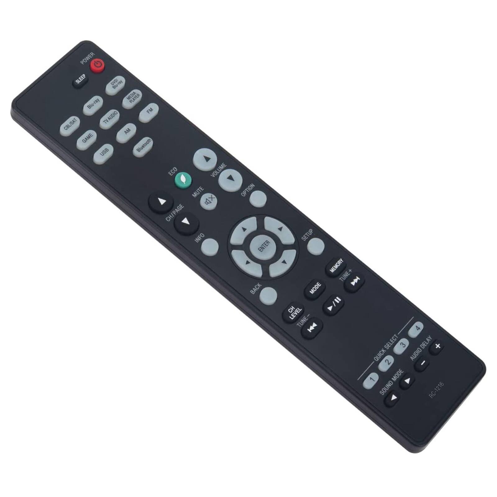 POWER SLEEP UVDI  
t MEDIA PLAYER o-t 18 FM ALDIO CBUSAT TH AM GAME US Bluefoot ECO VOLUME MUTE  
CH/PAGE AGE INFO OPTION ENTER BACK SETUP MEMORY TUNE+ I MODE /I CH LEVEL TUNE- I  
4 SELECT 3 DELAY + QUICK AUDIO 2 I 1 MODE SOUND RC RC-1216