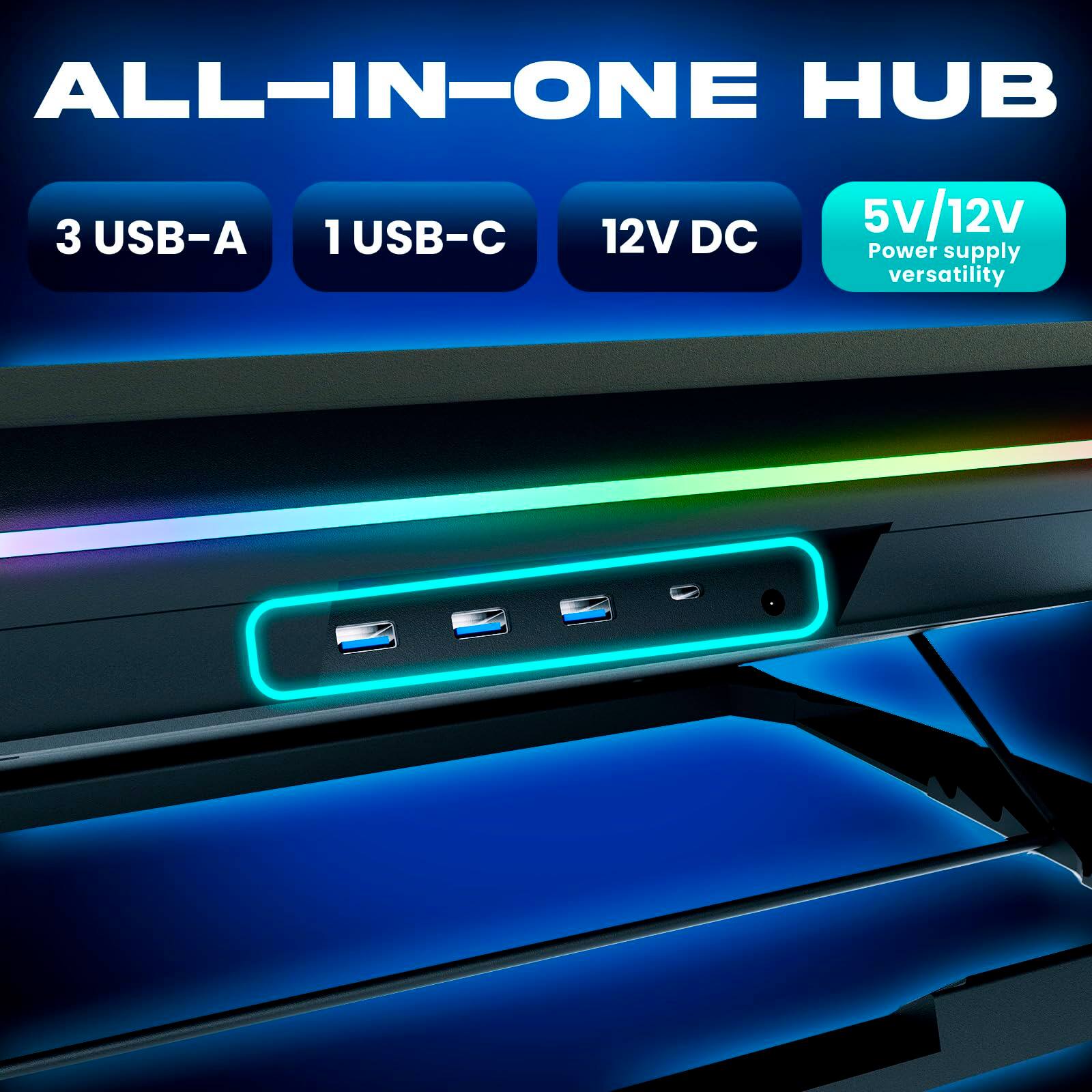 ALL-IN-ONE HUB  
3 USB-A  
1 USB-C  
12V DC  
5V/12V Power supply versatility