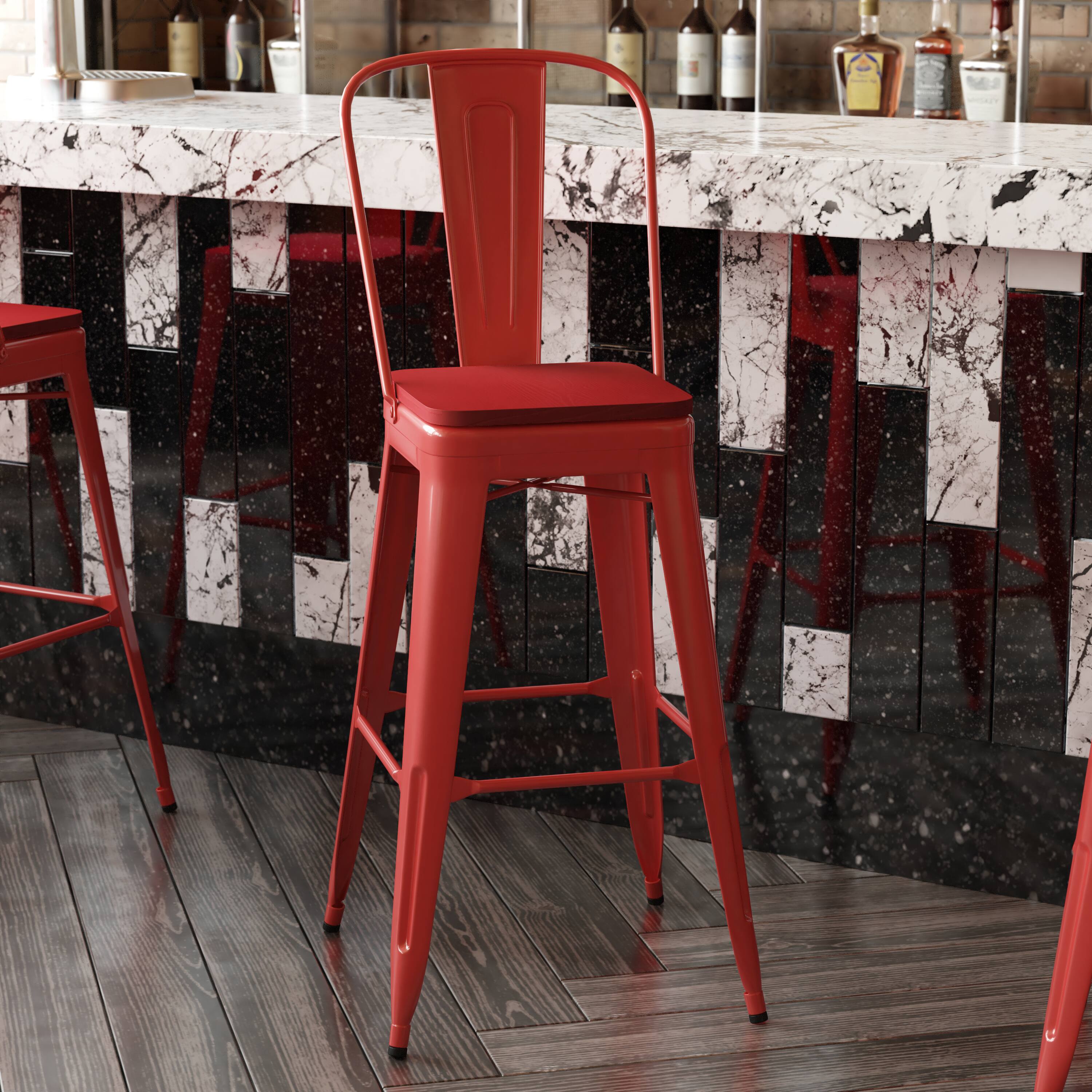 Alt View 4. Emma + Oliver - Kam Metal Indoor-Outdoor Stool with Removable Back and All-Weather Polystyrene Seat - Red Seat/Red Frame.