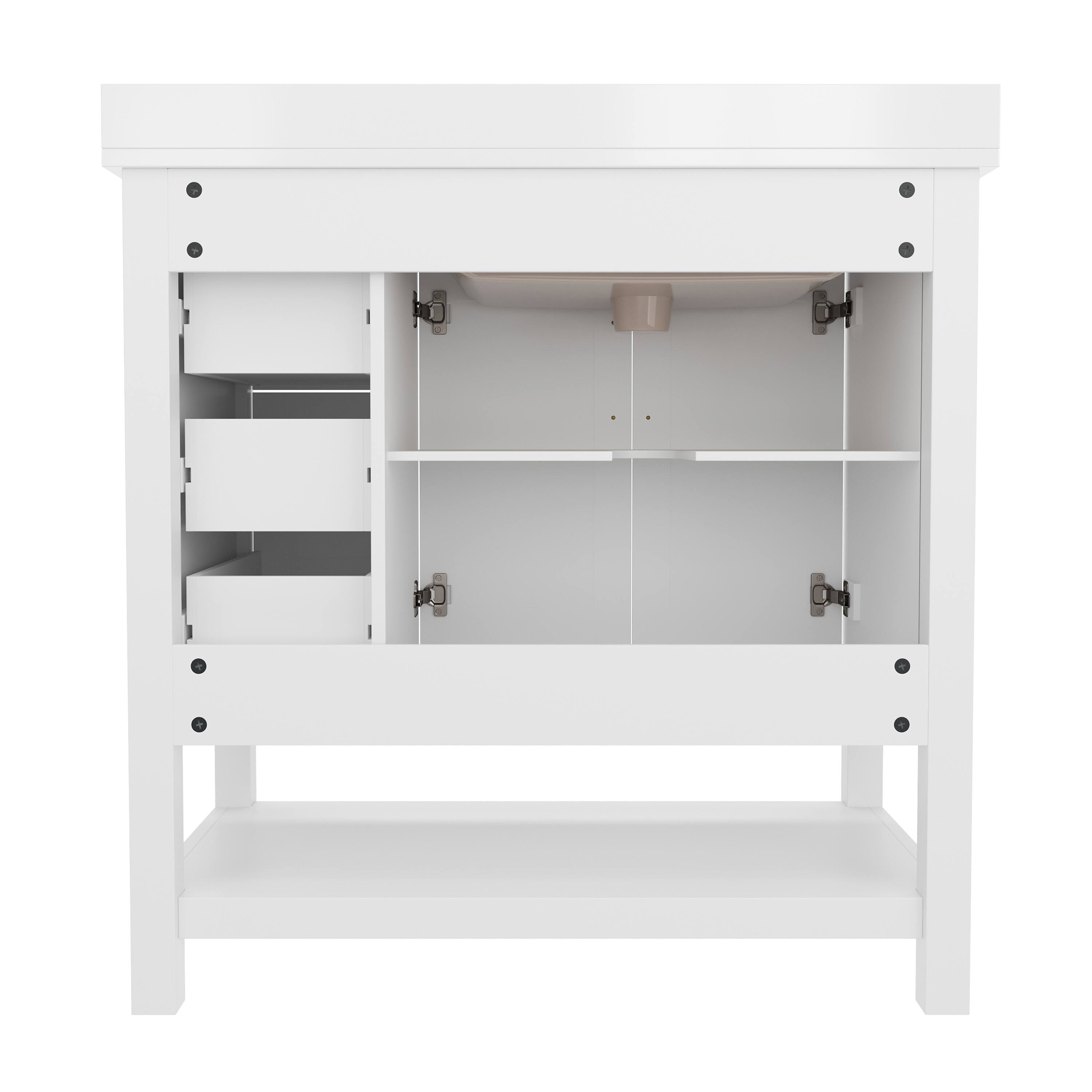 Back. Flash Furniture - Vega 36 Inch Bathroom Vanity with Sink, Storage Cabinet with Soft Close Doors, Open Shelf and 3 Drawers, Carrara Marble - White.