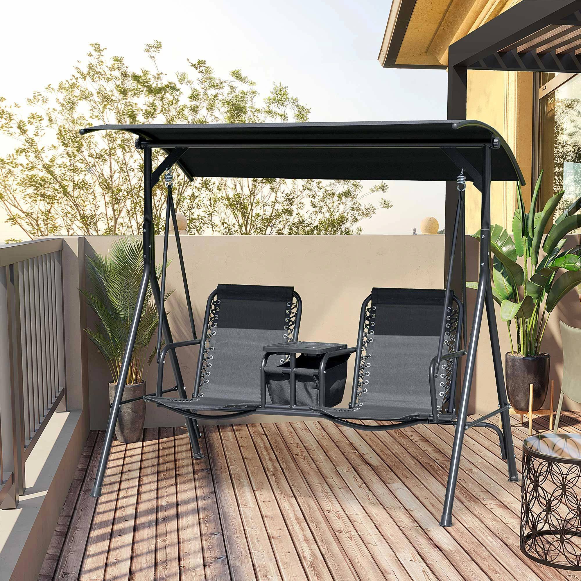 Alt View 8. Resenkos - Resenkos 2-Person Swing With Canopy, Storage, Cup Holder, Blue, Outdoor Porch Seating, Black.