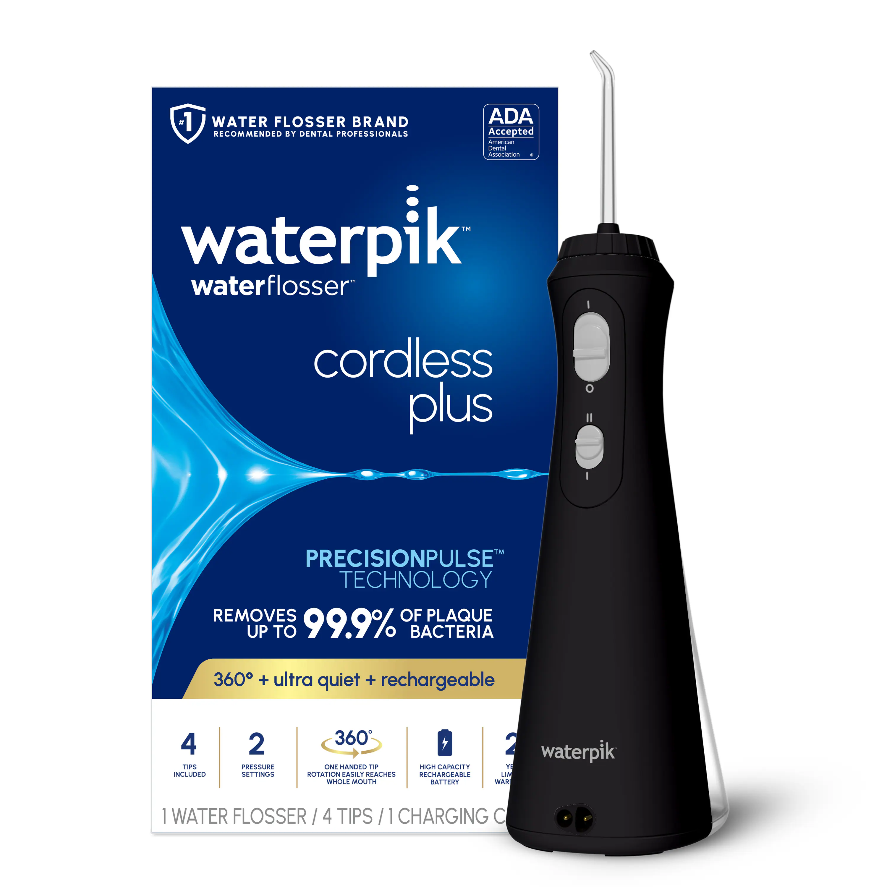 -1 WATER FLOSSER BRAND ADA RECOMMENDED BY DENTAL PROFESSIONALS
- waterpik waterflosser cordless plus
- PRECISIONPULSE TECHNOLOGY
- REMOVES 99.9% OF PLAQUE BACTERIA
- 360° + ultra quiet + rechargeable
- 4 TIPS INCLUDED
- 2 PRESSURE SETTINGS
- 360° WHOLE MOUTH REACHES
- 1 WATER FLOSSER / 4 TIPS / 1 CHARGING C