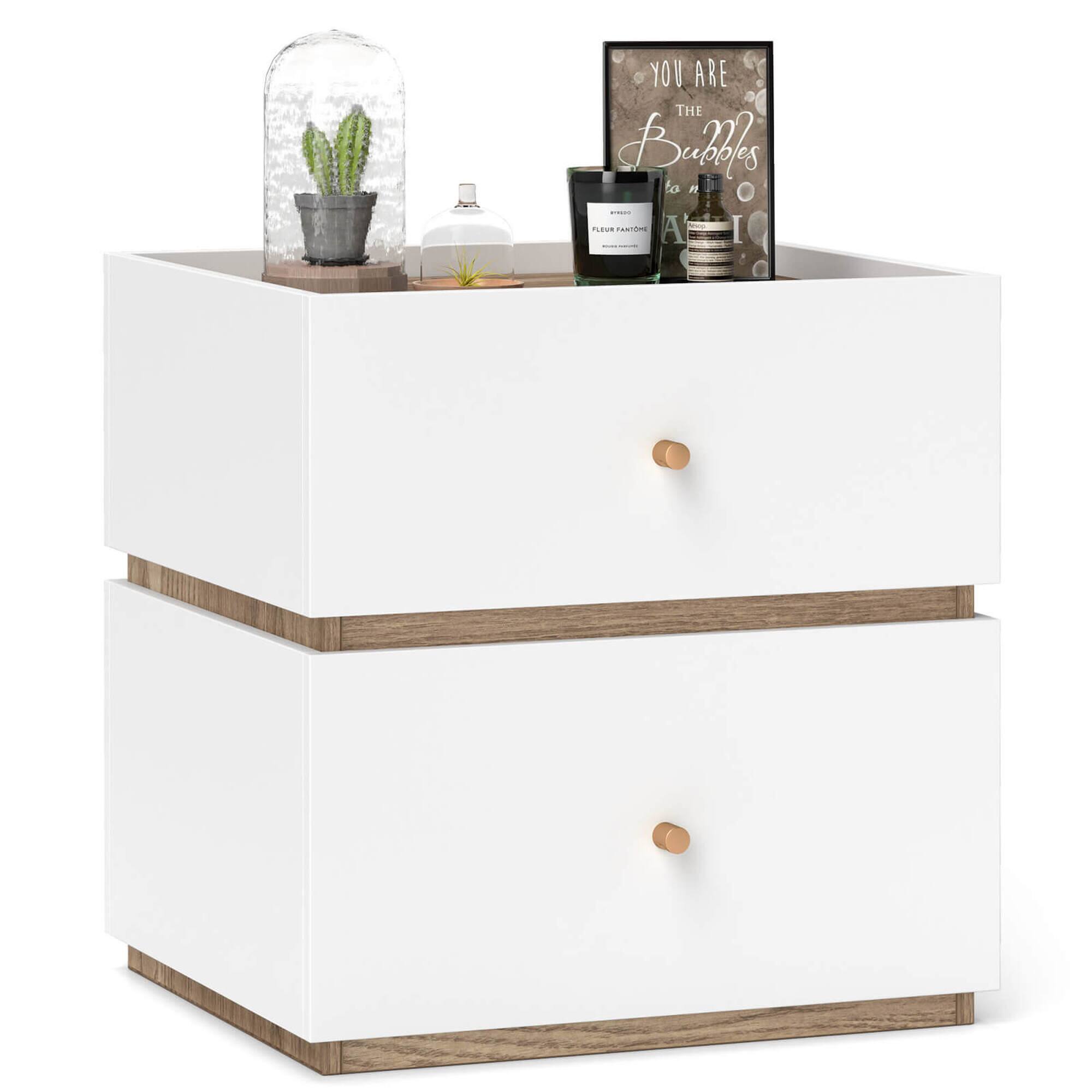 Costway - 1 PCS 2-Drawer Nightstand Modern Bedside Table with Storag Raised Edge for Living Room - Natural + White