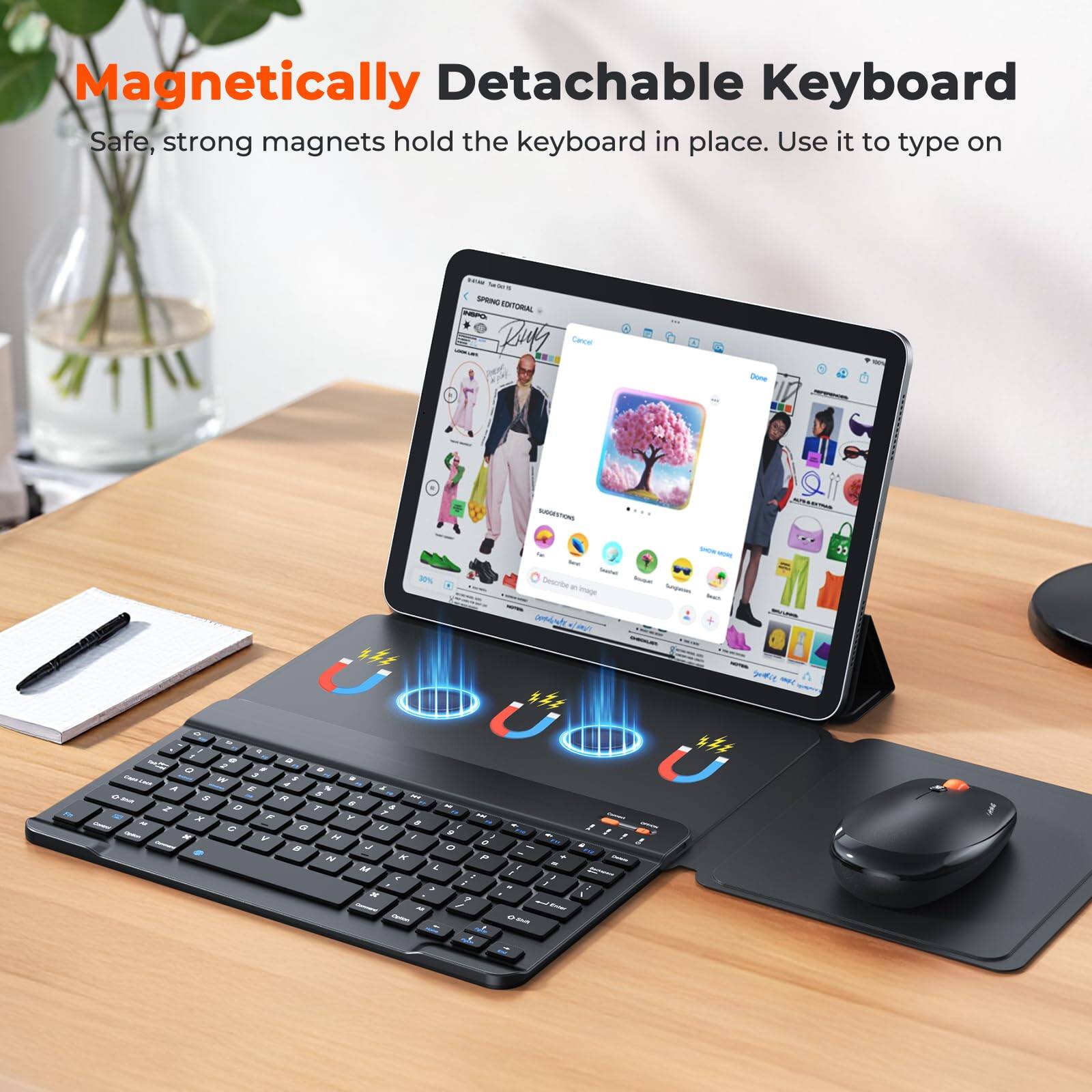 Magnetic Detachable Keyboard  
Safe, strong magnets hold the keyboard in place. Use it to type on