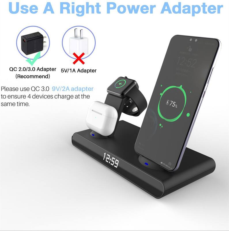 Use A Right Power Adapter

QC 2.0/3.0 Adapter (Recommend)

Please use QC 3.0 9V/2A adapter to ensure 4 devices charge at the same time.

QC 2.0/3.0 Adapter (Recommend)

5V/1A Adapter

Please use QC 3.0 9V/2A adapter to ensure 4 devices charge at the same time.