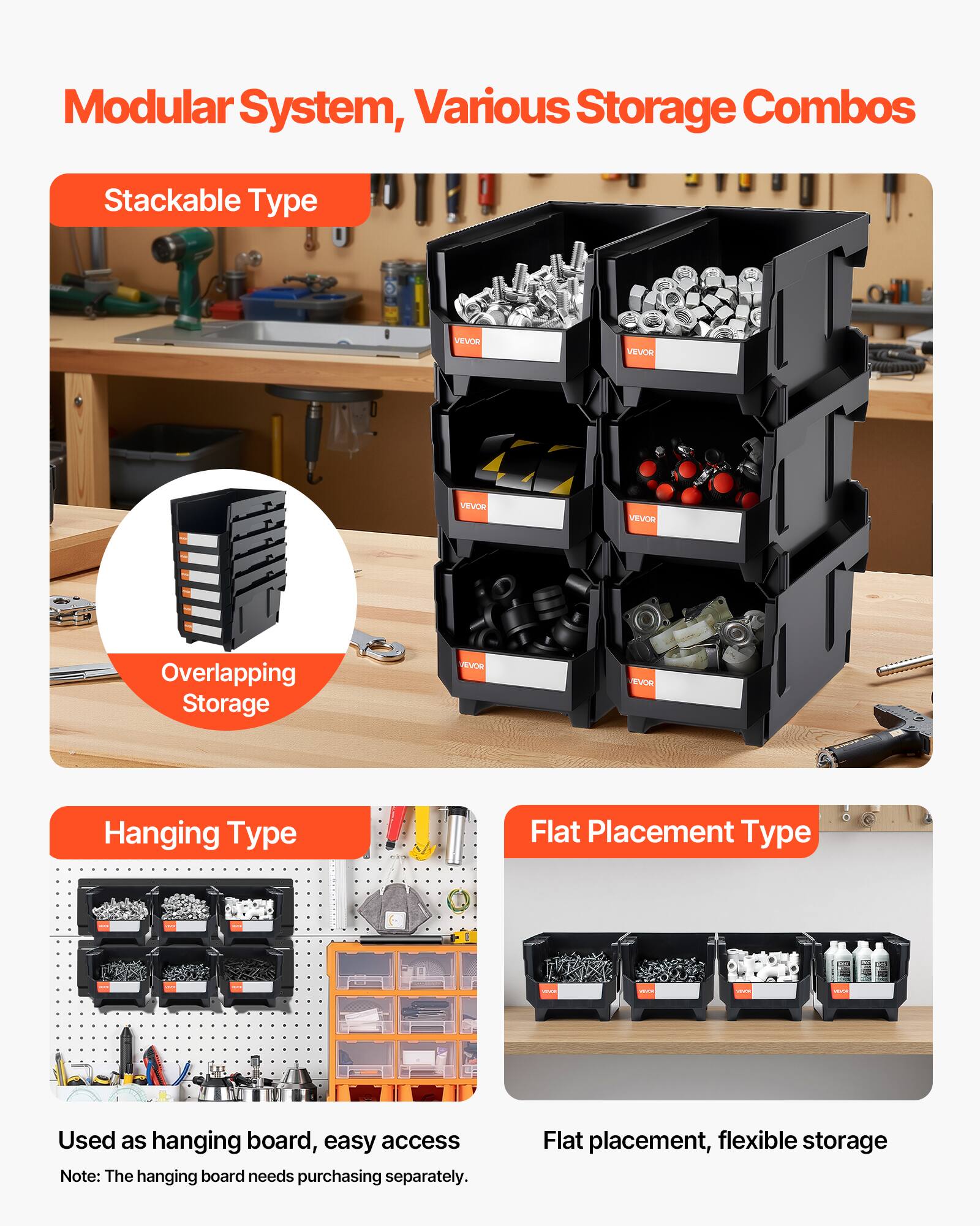 Modular System, Various Storage Combos

Stackable Type

Overlapping Storage

Hanging Type

Used as hanging board, easy access
Note: The hanging board needs purchasing separately.

Flat Placement Type

Flat placement, flexible storage